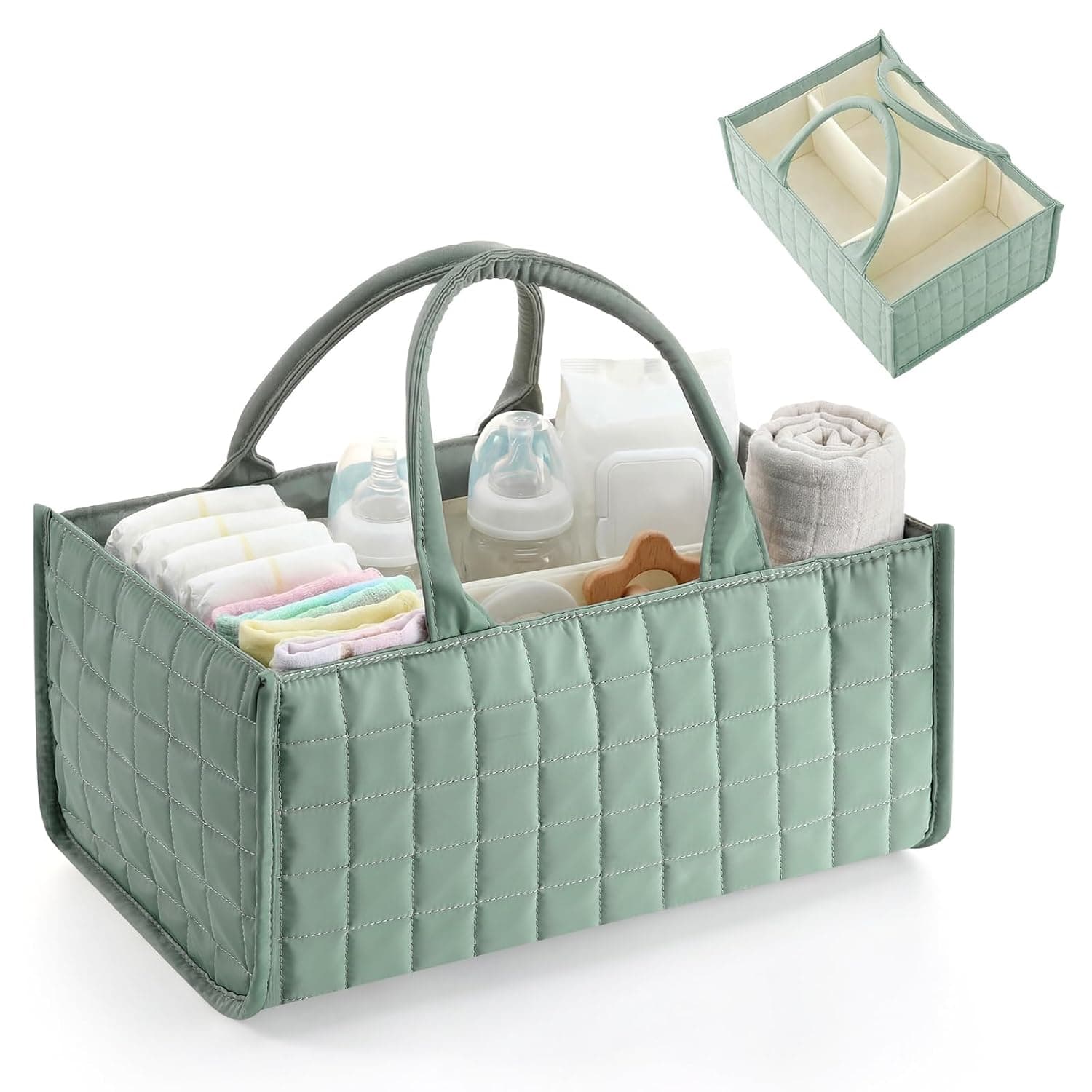 Huhumy Checkered Baby Diaper Caddy, Puffy Nursery Storage Organizer for Diapers & Babies Wipes, Large Quilted Tote Bag for Newborn Essentials Boy or Girl, Gift for Baby Shower Registry (Sage Green)