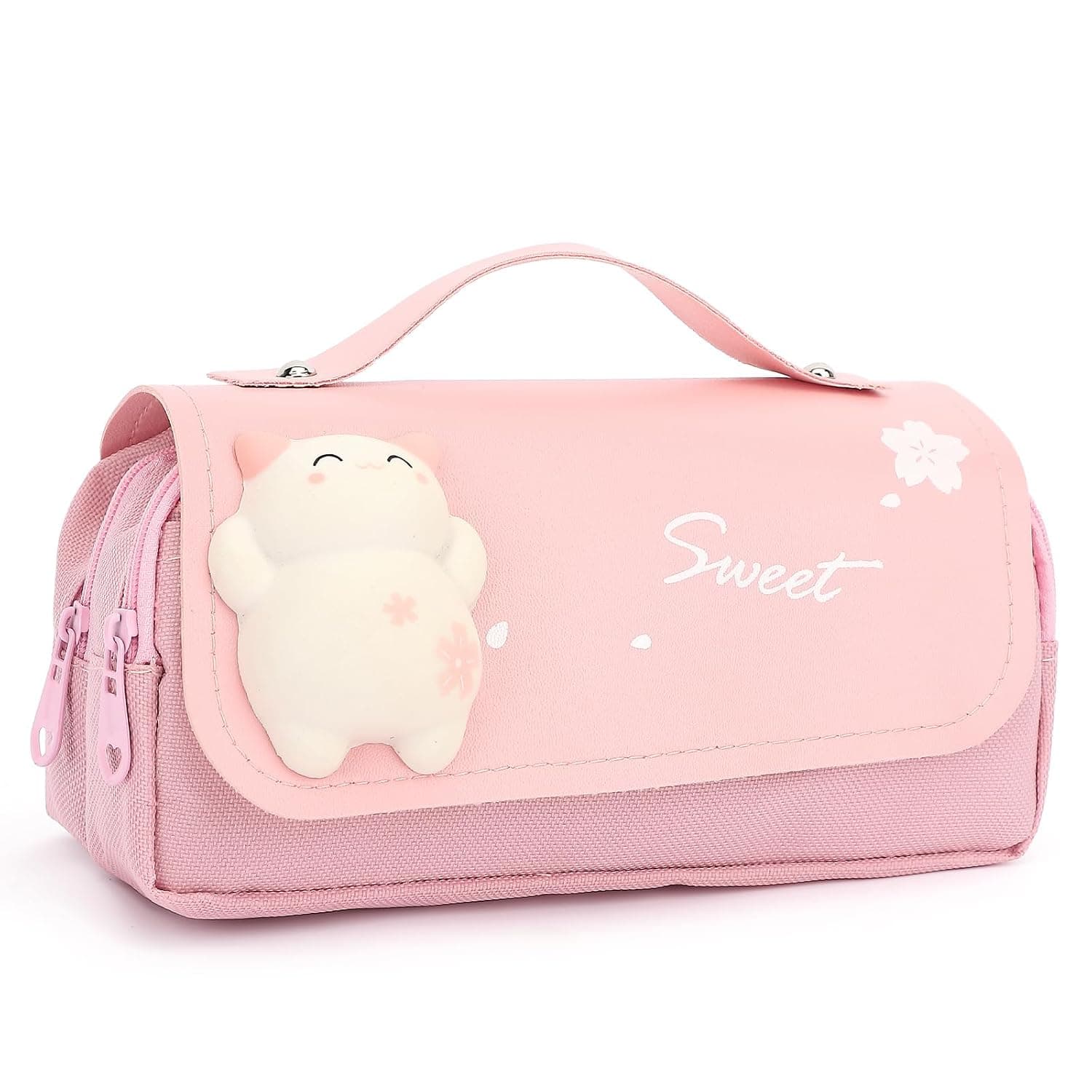 Pencil Case for Kids Girls, Large Capacity Cute Decompression Pencil Pouch for School Elementary Students (Cat Pink)