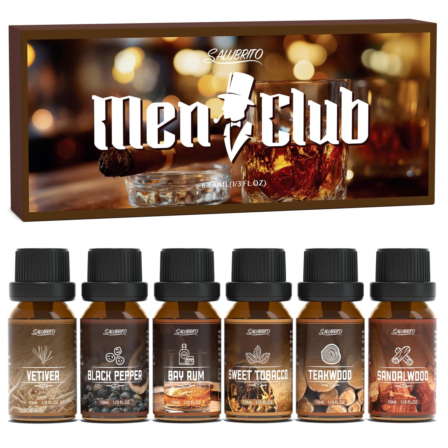 SALUBRITO Men's Club Fragrance Oils, Wood Essential Oil Set for Diffuser, Soap, Candle Making - Sandalwood, Teakwood, Sweet Tobacco, Bay Rum, Black Pepper, Vetiver, Gentlemen Scented Oil