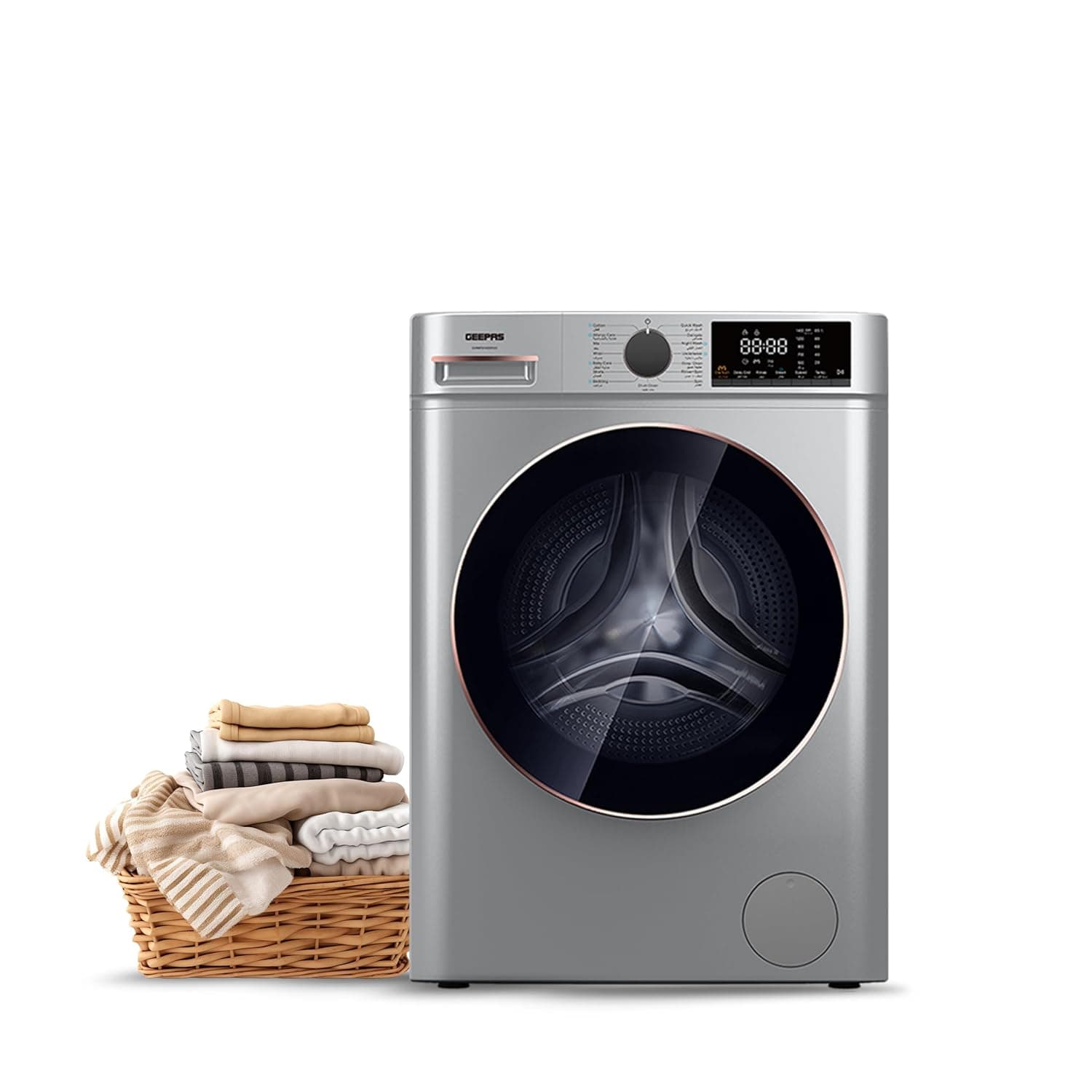Geepas 10kg Front Load Washing Machine – Sleek Built-In Design, Fully Automatic, LED Digital Panel, Modern Metallic Finish, 64L Drum, Quick Wash & Allergy Care Settings - GWMF1041SRG