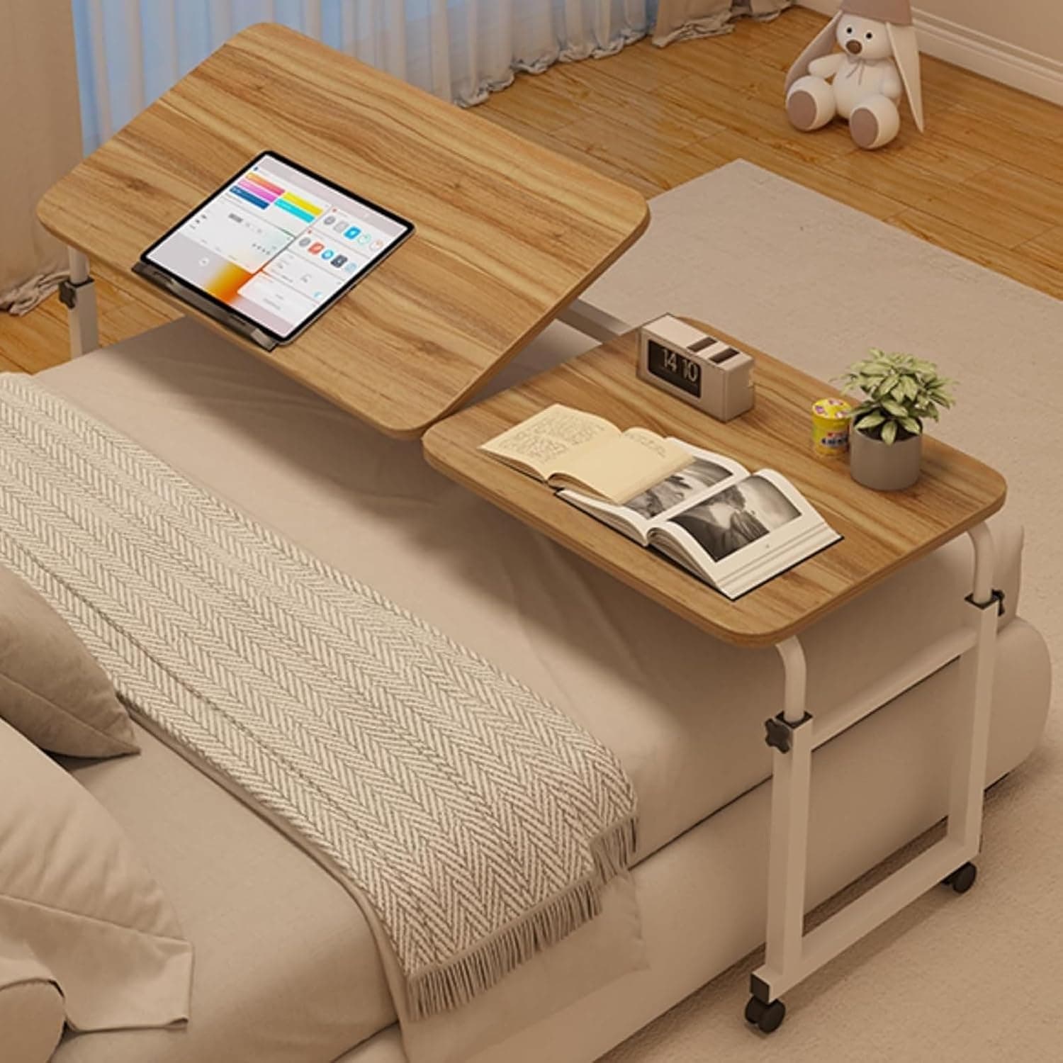 CEEBUS Overbed Table with Wheels, Hospital Medical Overbed Table, Adjustable Adjustable Height and Length Bed Workstation Tray,Computer Desk Standing Workstation Laptop Cart