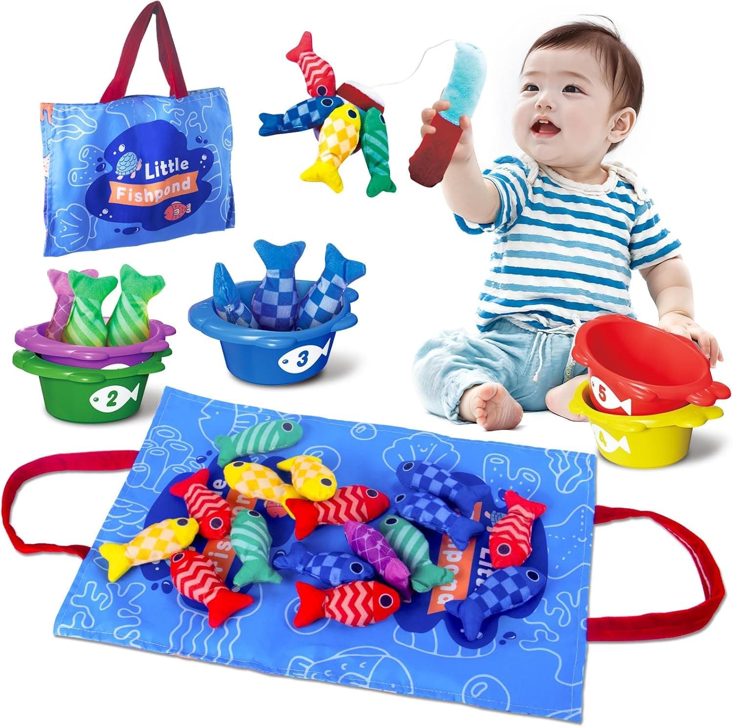 Soofam Montessori Toy for 1 Year Old, 22 PCS Cloth Fishing Game for Toddlers 1-3 with Stacking Cups,Number Counting, Color Sorting, Shape Learning Fishing Game for Boy Girl Birthday Gift