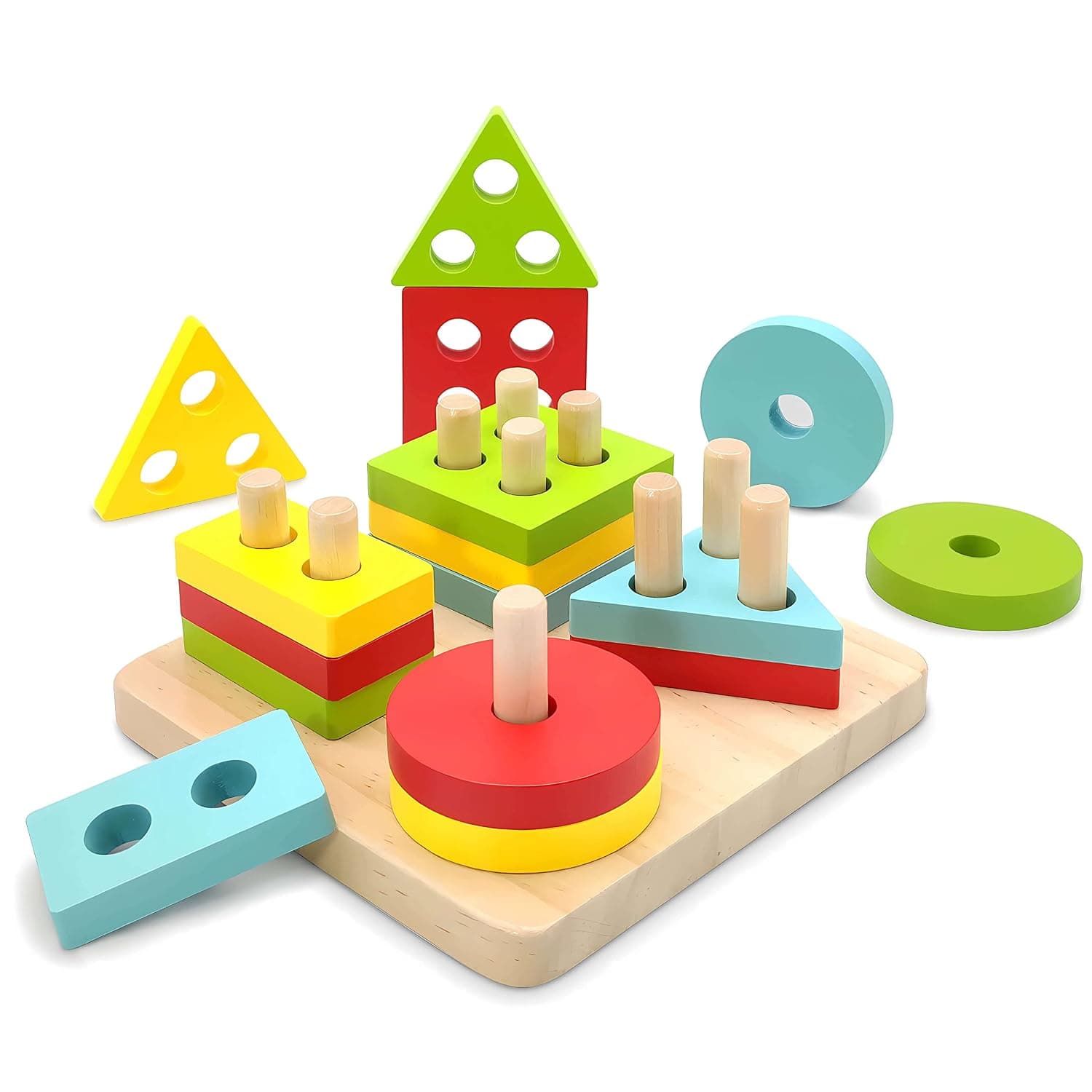 Montessori Wooden Sorting and Stacking Toys for Toddlers 1-3, Educational Learning for Preschool Kids, Color Recognition Shape Sorter Puzzles, Gifts for 1 2 3 Year Old Boys Girls