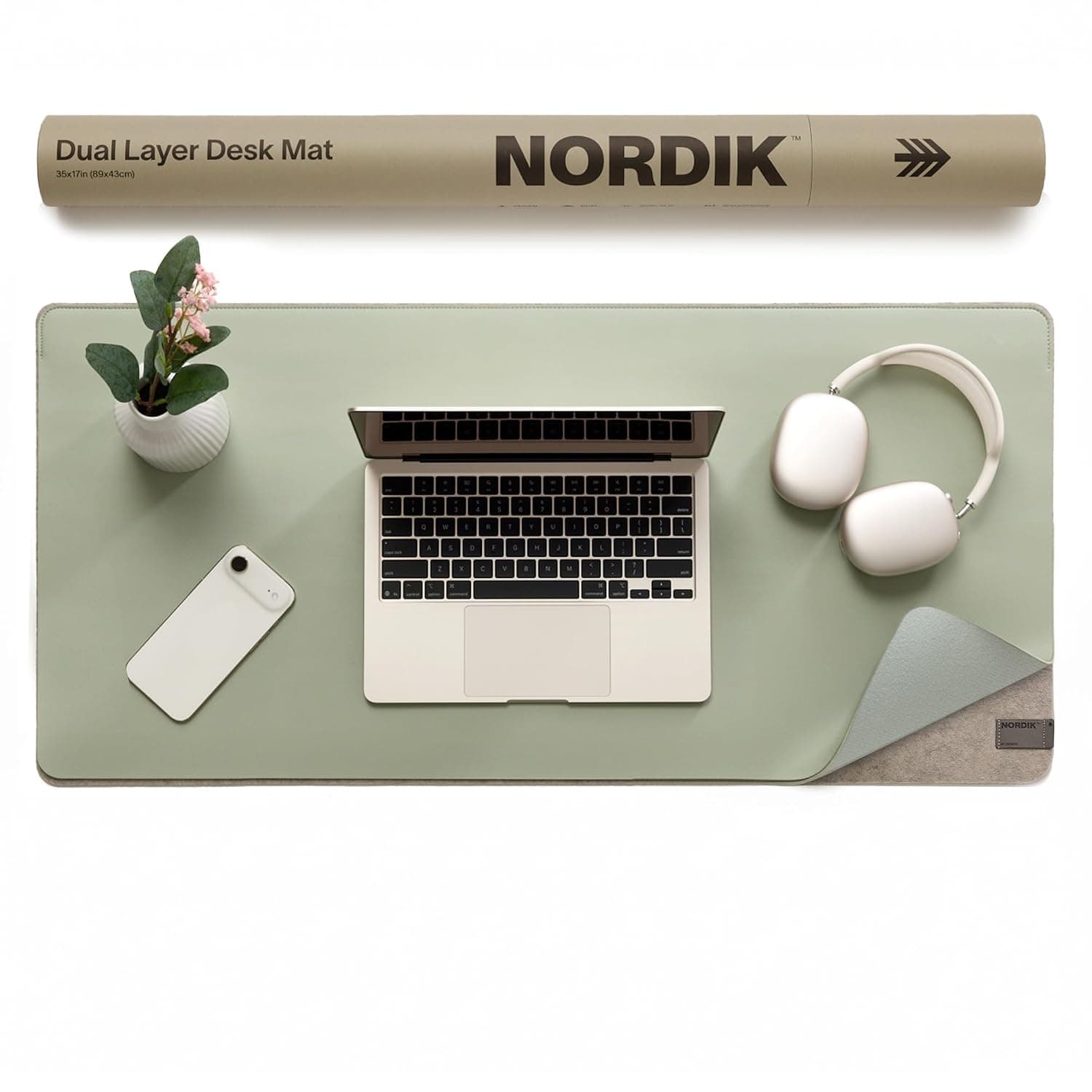 Nordik Felt and Leather Desk Mat - Dual Layer Willow Haze Sage 89 x 43 cm | Dual-Layered Mat Leather Desk Pad with Document Organizer - Full Desktop Mat - Large Non-slip and Waterproof Desk Blotter