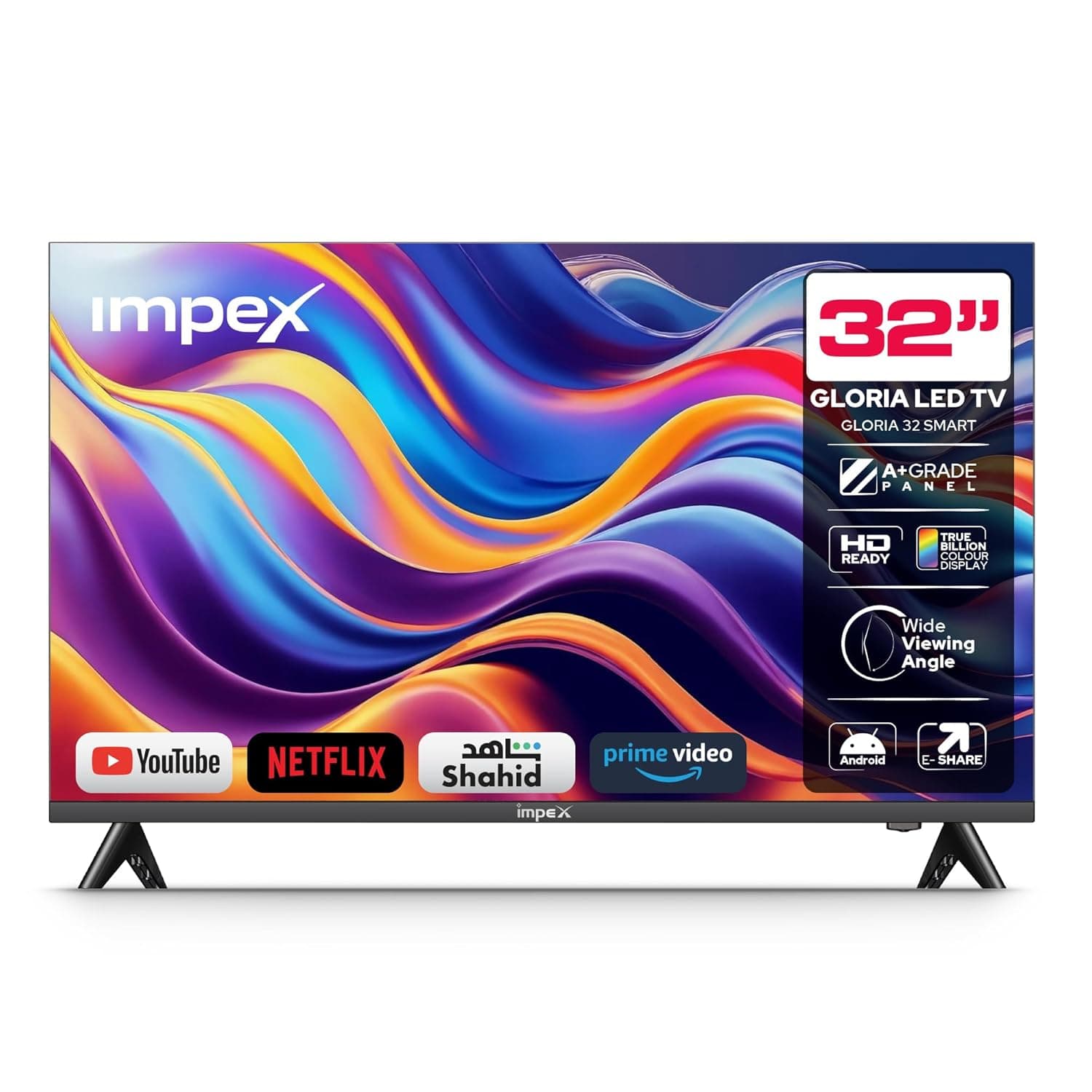 Impex Smart Android LED TV-Frame Less Design,Mirror Cast And E-Share,HDMI\USB Wi-Fi Input,Netflix,YouTube, Disney+, Apple TV+, Starz Play Arabia,2 Years Warranty- (GLORIA 32 SMART)