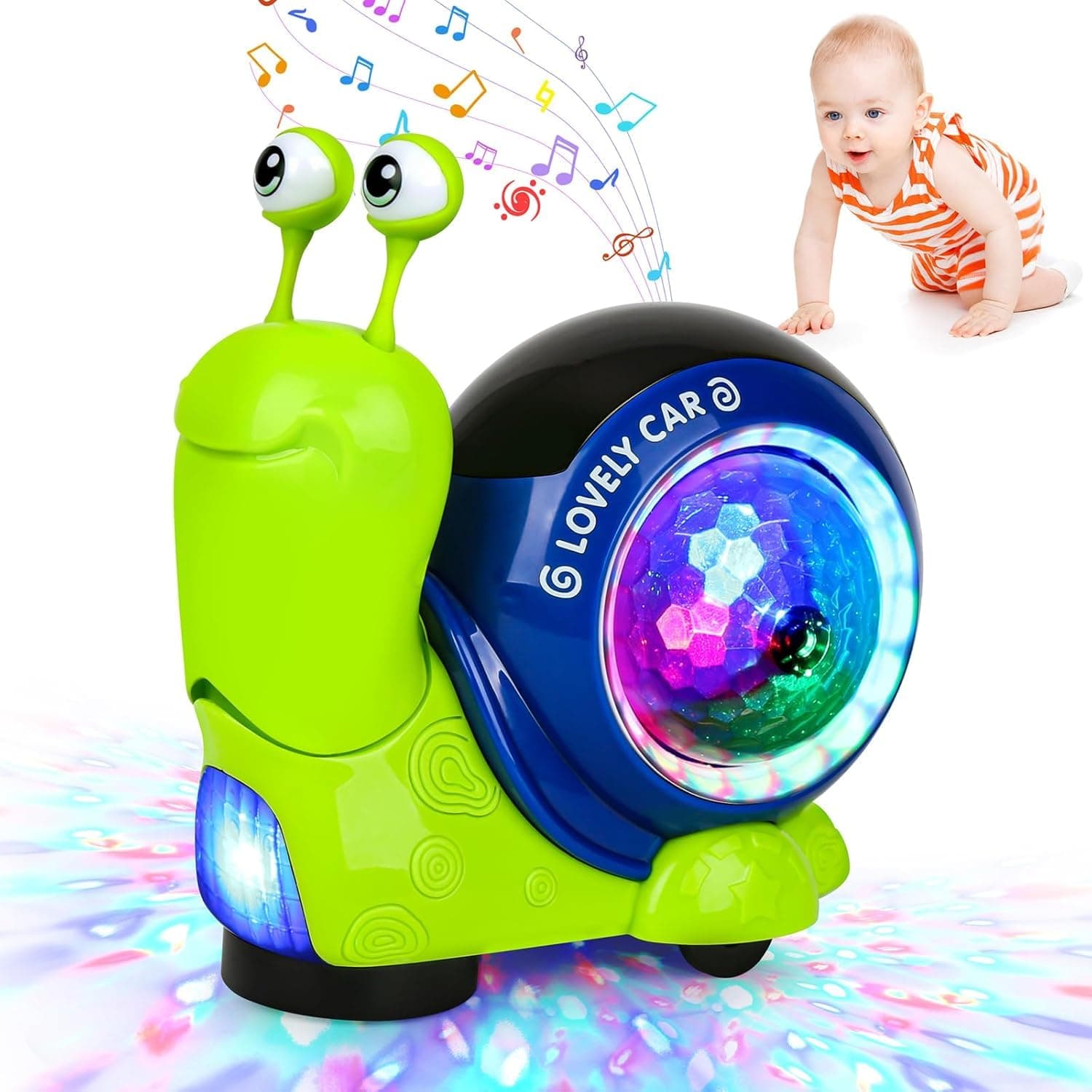 Luminous Snail Toy, KASTWAVE Toddler Crawling Snail Toys, Interactive Walking Dancing Toy, Crawling Snail Musical Toys with Light-up Music, Interactive Sensory Toy for Baby(Green)