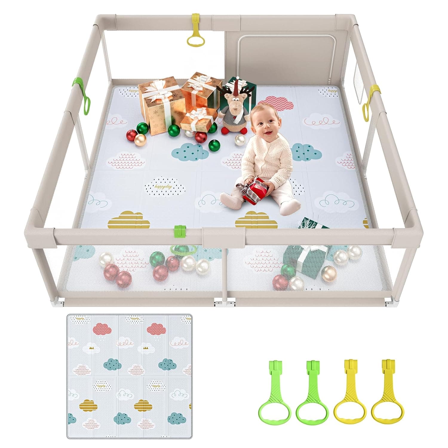 Uanlauo 150 x 150 cm Baby Playpen with Play Mat, Baby Playpen, XXL Children's Playpen, Indoor and Outdoor Baby Playpen with Zip Door, Baby Activity Area with 4 Pull Rings