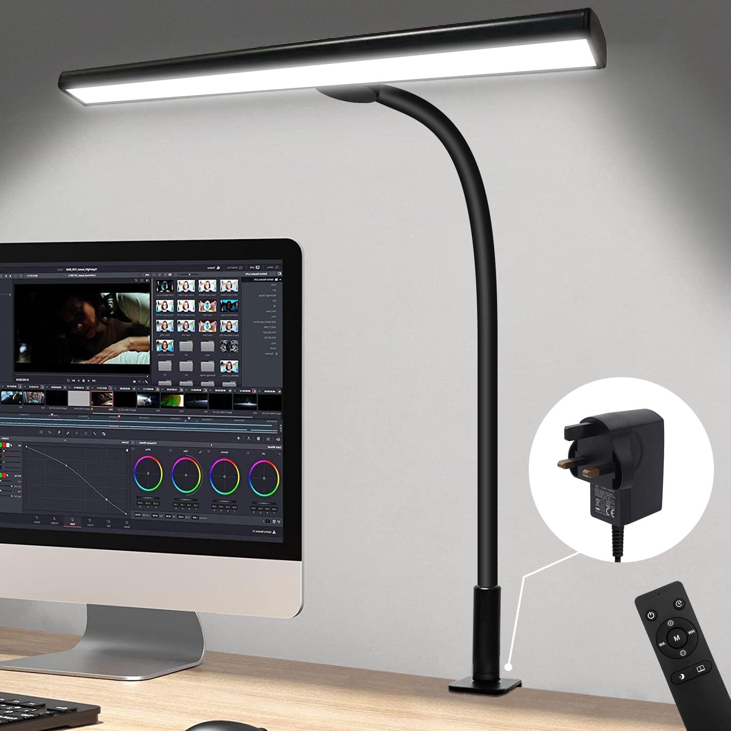 Desk Lamp with Clamp,3 Color Modes,Flexible Gooseneck Clamp Light, EyeCaring 18W Touch +Remote Control Color Brightness,Timer for Office,Study,2180 LUX Energy Conservation,Table Lamp,Desk Light(BLACK)