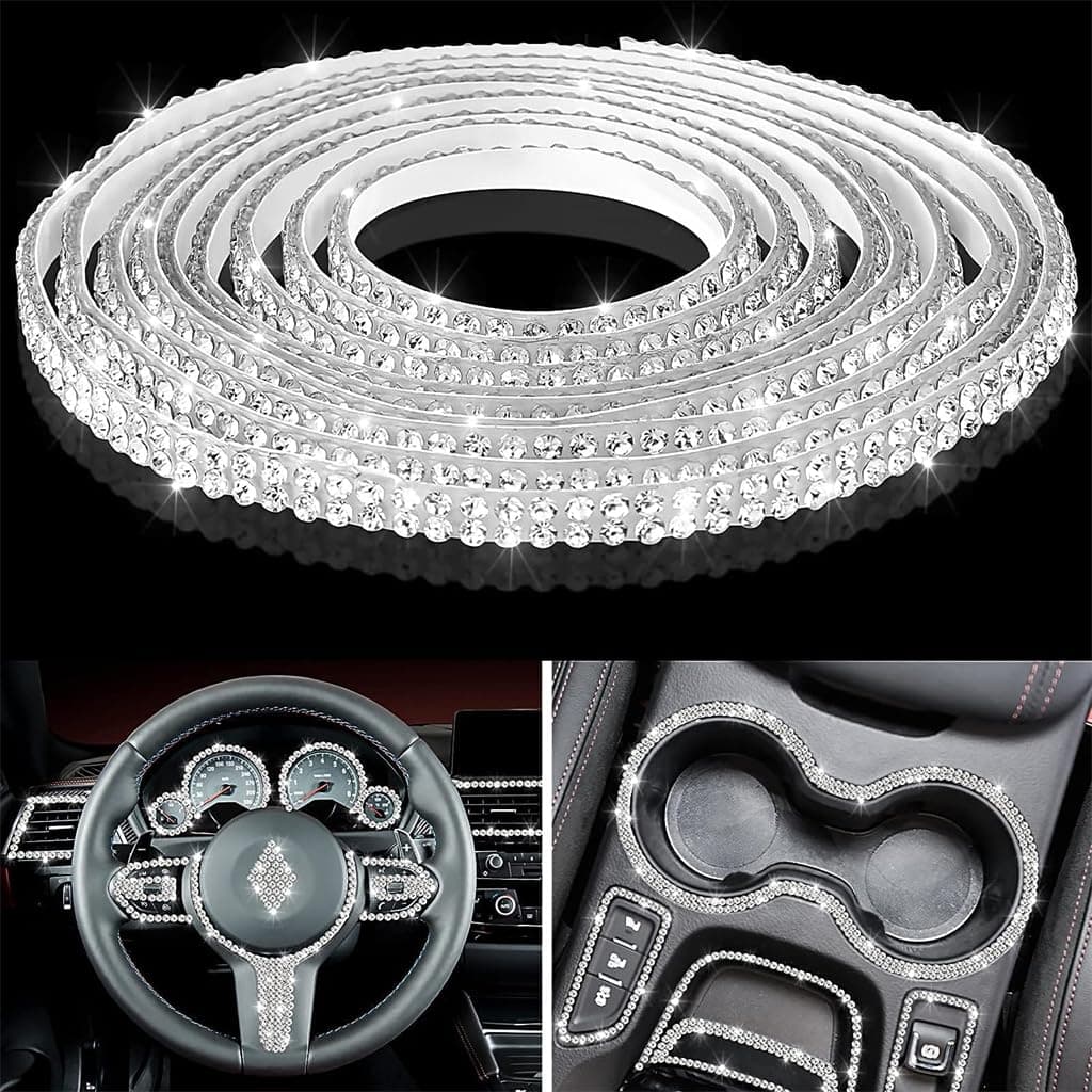 Bling Car Trim, Azonee Self Adhesive Bling Car Interior Exterior Accessories for Women Car Dashboard Decorations Rhinestone Car Accessories Bling Stickers for Car Ornaments, 5m, White