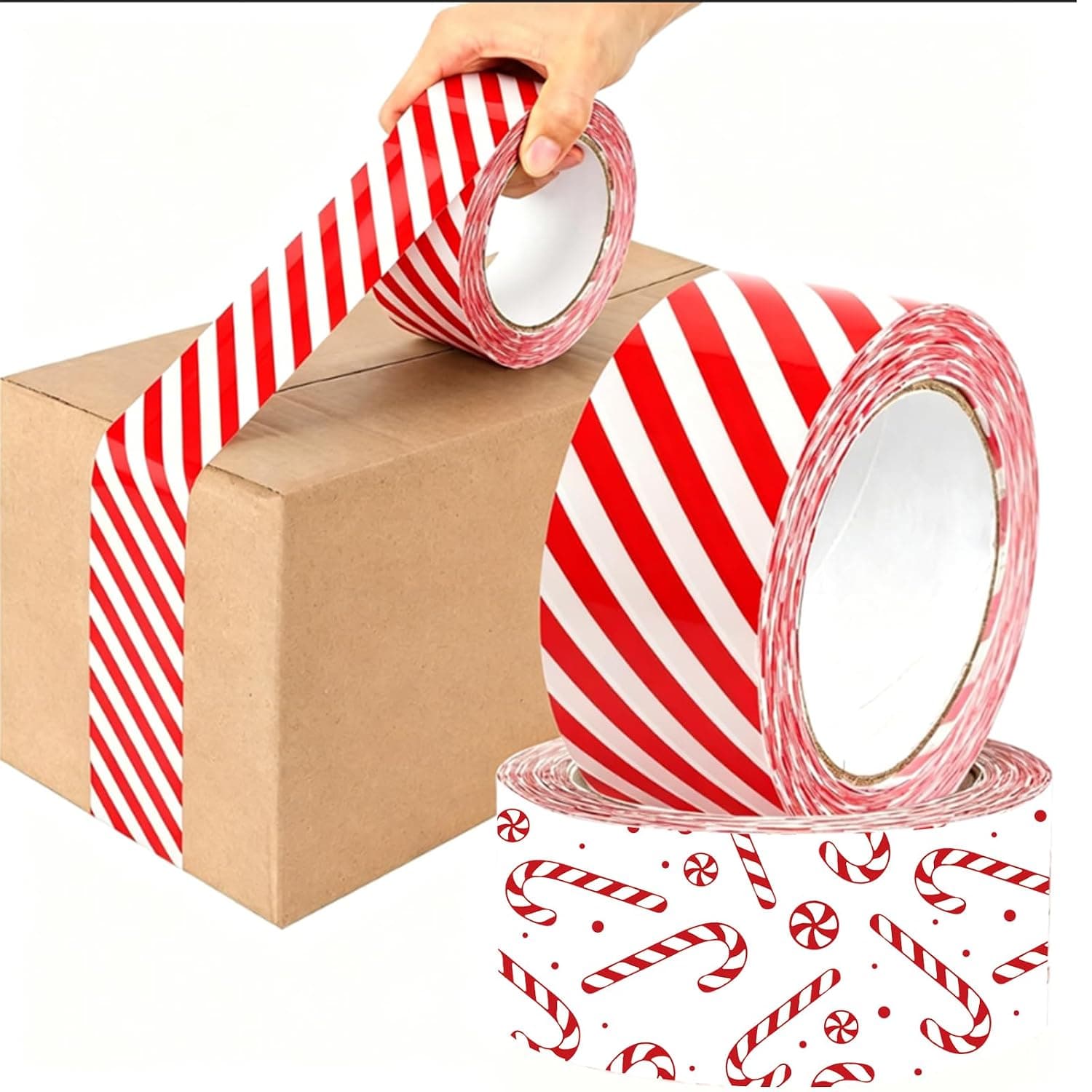 Whaline 218 Yard Christmas Packing Tape, Candy Cane, 2 Roll | Red White Stripe, Decorative Duct Tape, Wrapping Tapes, Xmas Holiday Small Business Sealing Gift Boxes Mail Carton
