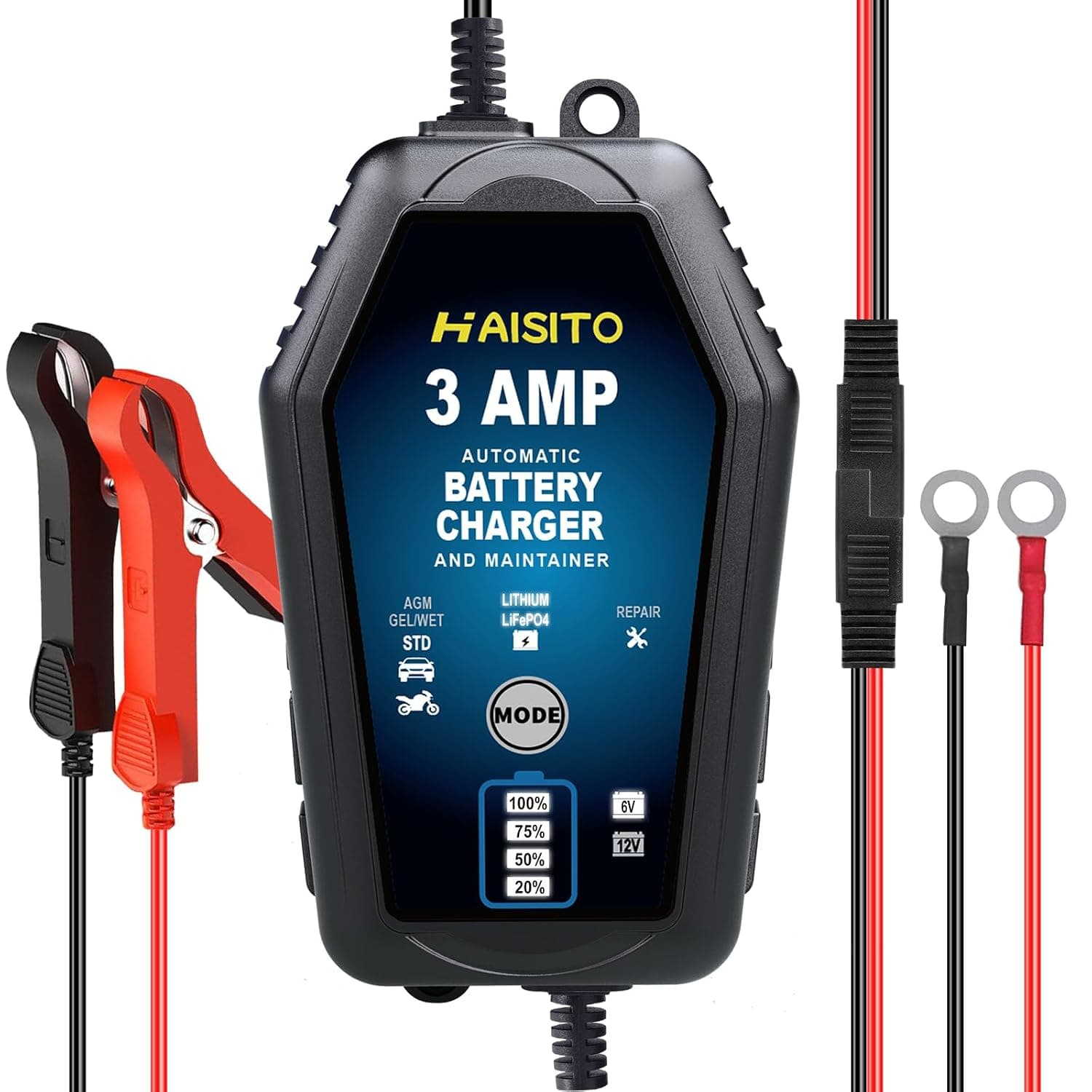 Haisito 6V/12V Lithium Battery Charger, 3A Car Automatic Trickle Charger, Battery Trickle Device with Alligator Clips and Ring Clamps for Car, Yacht, Motorcycle and More