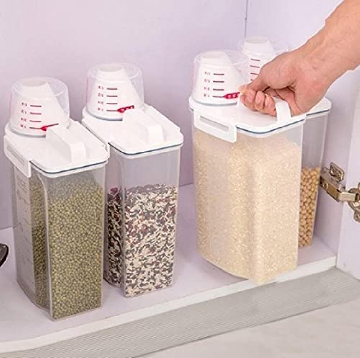 Kitchen Storage Container Set With Measuring Cup Lid For Flour,Sugar,Grain,Rice,Beans Baking Supply-Airtight BPA Free & Pantry Bulk Dry Food Organizer,Clear Cereal Dispenser 4pcs Capacity 2kg