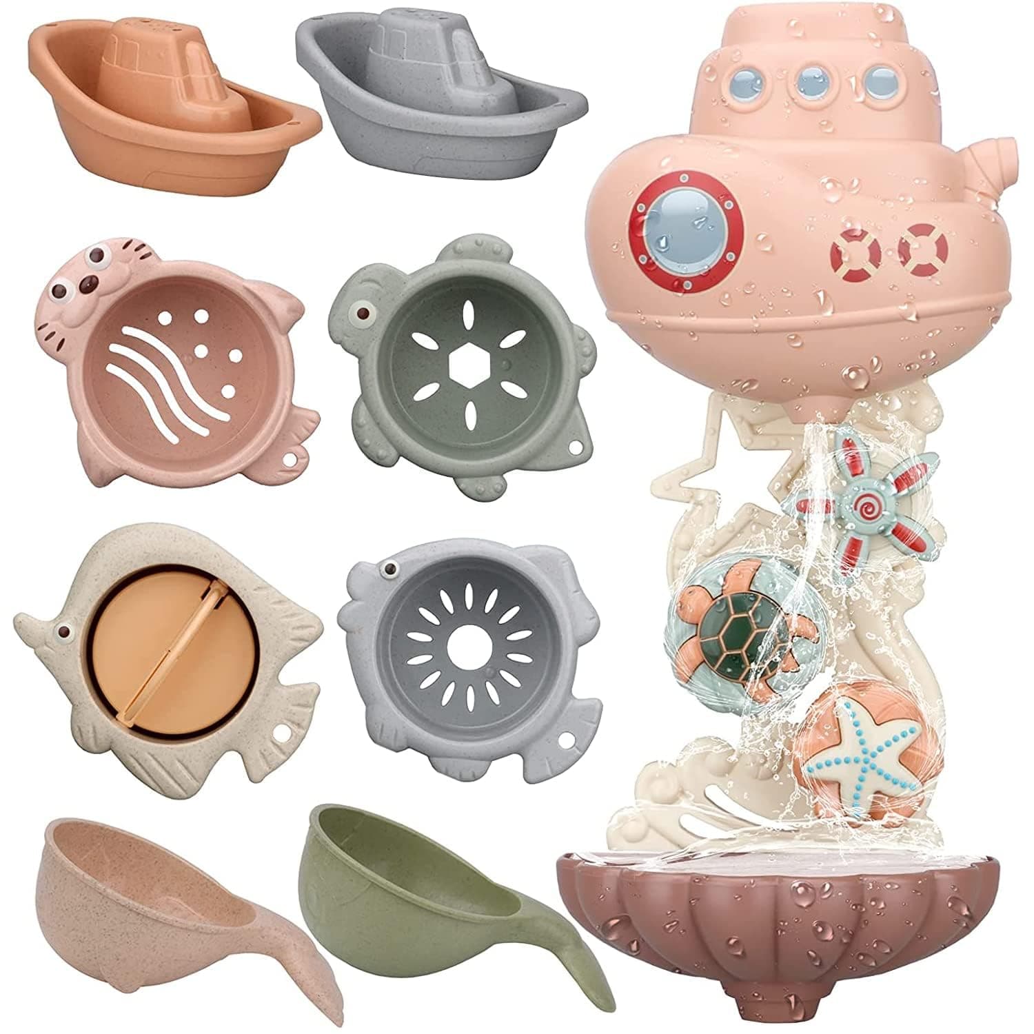 Baby Bath Toys for Toddlers 1-3, Bathtub Water Toys for Infants 6-12 Months, Contains 4 Stacking Cups, 2 Boats 2 Whale-Shaped Spoons, Mold Free Bath Toy for Birthday Gift for Boys/Girls