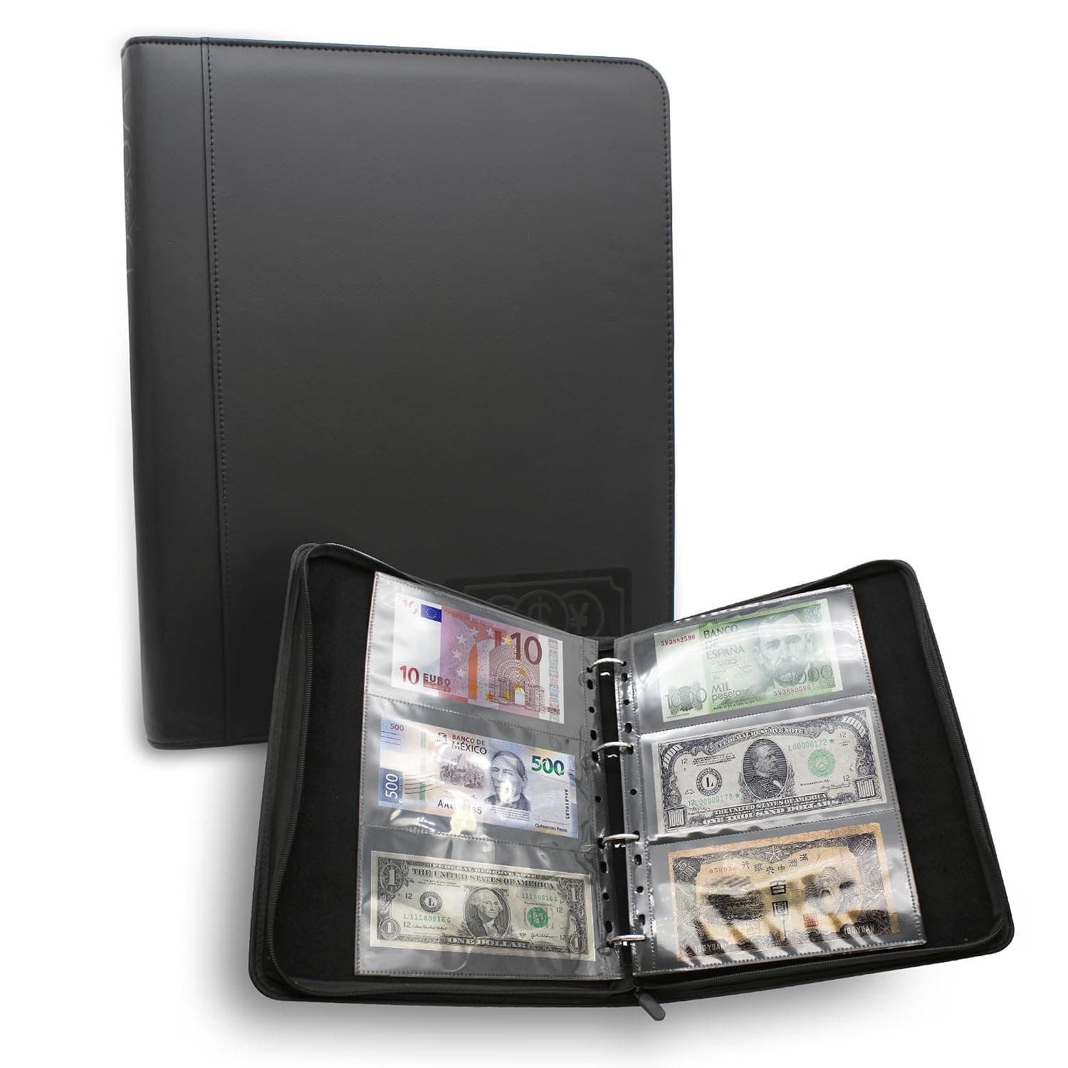 DOJA Barcelona | Banknote Album with 120 Pockets | PU Leather Book Numismatic Organizer Banknotes Case with Zip | 33x27 | Album Banknotes for Collection of Euros, Money, Dollars…