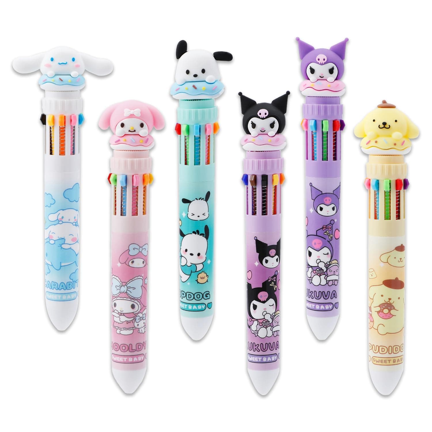 6pcs Kitty Cat 10-in-1 Multicolor Ballpoint Pen Cute 10-Color Retractable Ballpoint Pens for Office School Supplies Students Children Gift (Pen-10 in 1 B)