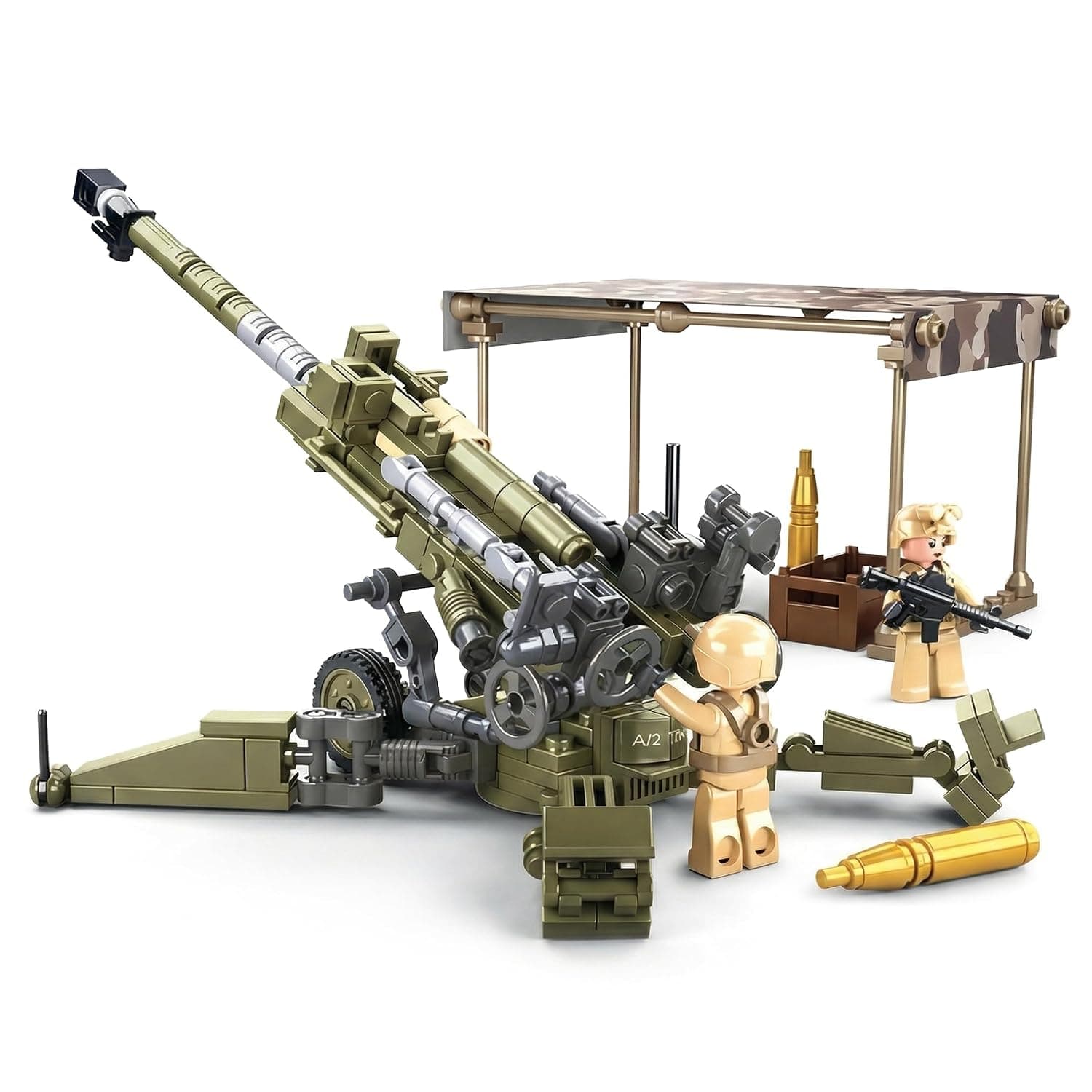 US Army 155mm Howitzer Building Set, 258 Pieces WWII Korea Vietnam Artillery Model, Army Green Camouflage with 2 Soldier Figures and Rotating Turret, Compatible Bricks for Kids and Military Collectors