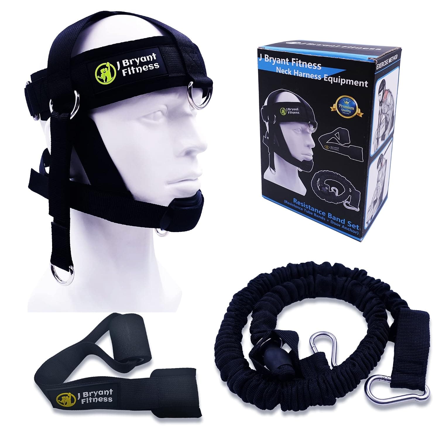 J Bryant Neck Harness Head - Weight Lifting with Resistance Tube Bands - Door Anchor Set Adjustable Neck Training Strap Exercise Equipment