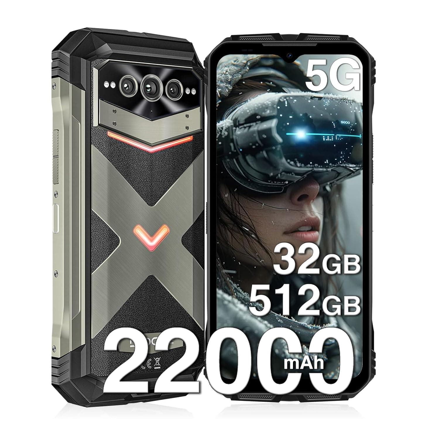 V Max Pro 5G Rugged Smartphone,22000mAh 32GB+512GB/TF 2TB Rugged Phone Unlocked Android 14,108MP+20MP Rugged Cell Phone,6.58" FHD+120Hz IPS Screen,IP68/IP69K Waterproof Phone,NFC/Face ID/WIFi 6