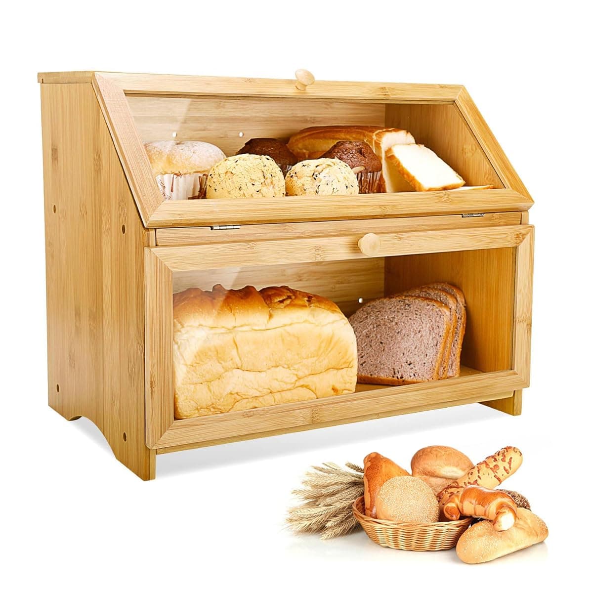 Double Layer Bamboo Bread Box for Kitchen Countertop, Large Capacity Bread Storage Bin Bread Container Vintage Farmhouse Food Organizer with Magnetic Door for Corner Cabinet Pantry Cupboard (bamboo)