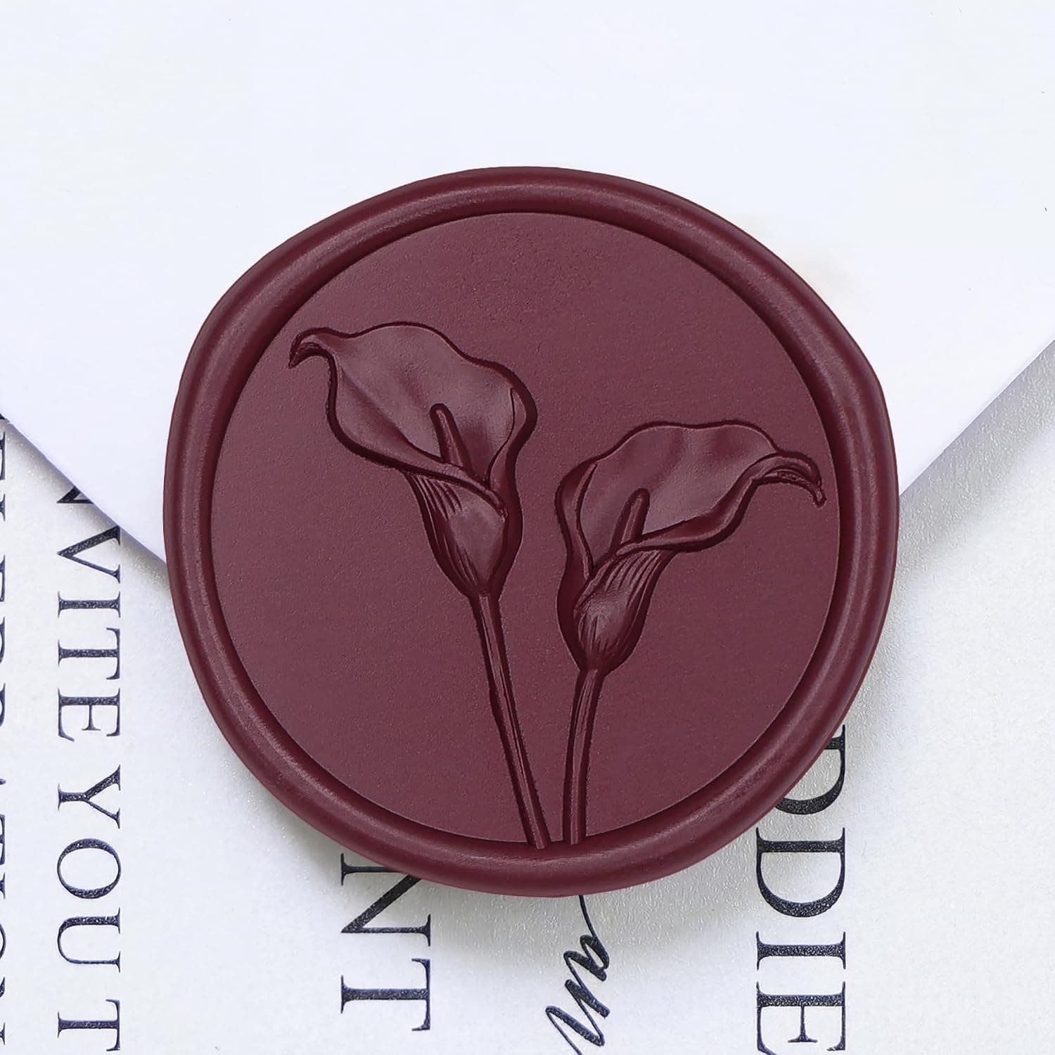UNIQOOO Wax Seal Stickers - 3D Calla Lily Floral Wedding Invitation Envelope Seal Stickers, 50 Pcs Self- Adhesive Deep Burgendy Red Flower Wax Seals, Perfect for Bridal Shower, Gift Wrapping