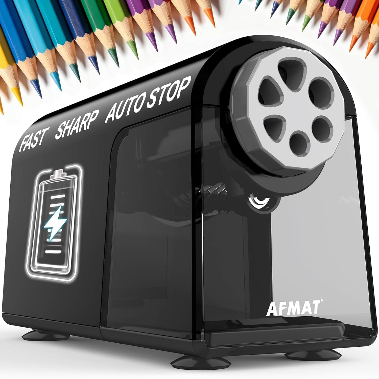 AFMAT Electric Pencil Sharpener Heavy Duty, 6 Holes, Cordless & Rechargeable, Fast Sharpen, Auto Stop, 10K+ Uses, Classroom Pencil Sharpener for 6-11mm No.2/Large/Colored Pencils PSD2(Black)