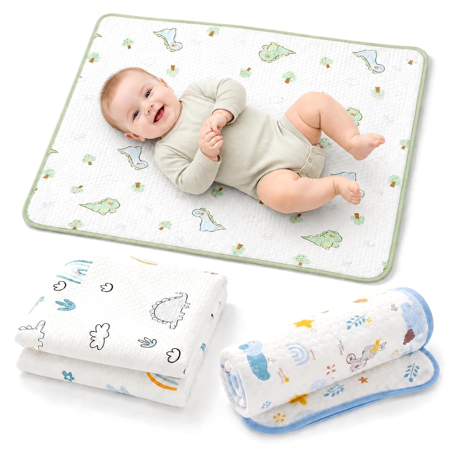 Set of 3 Washable Changing Mats for Changing Table 50 x 70 cm | 5-layer waterproof baby changing mat made of cotton, foldable on the go, reusable changing mat dinosaur