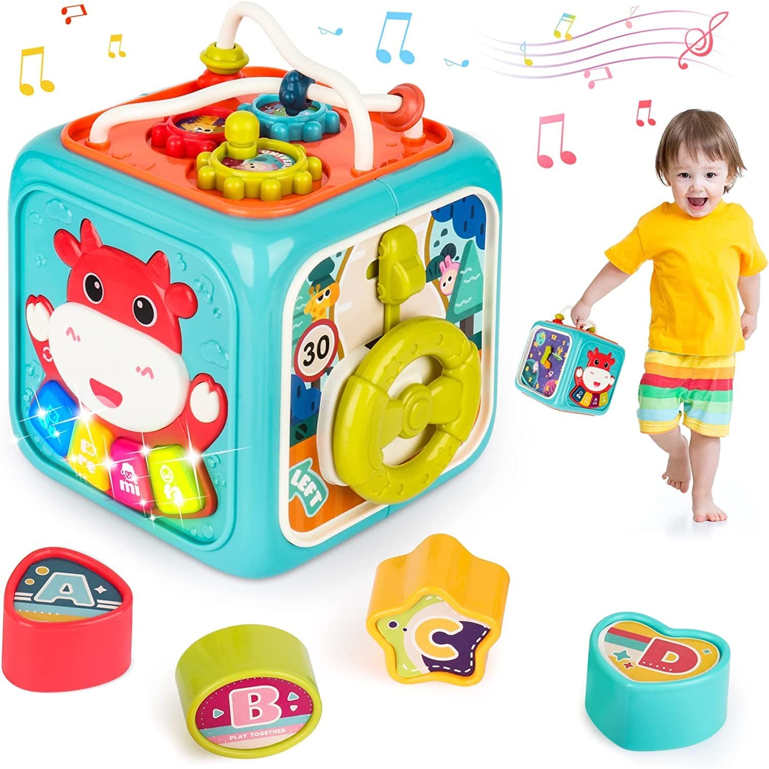 Soofam 6 in 1 Baby Activity Cube, Busy Learning Activity Cube Toy Bead Maze Shape Sorter with Music and Lights,Montessori Early Development Learning Toys for Toddler 1 Year Old Boy and Girl Gift