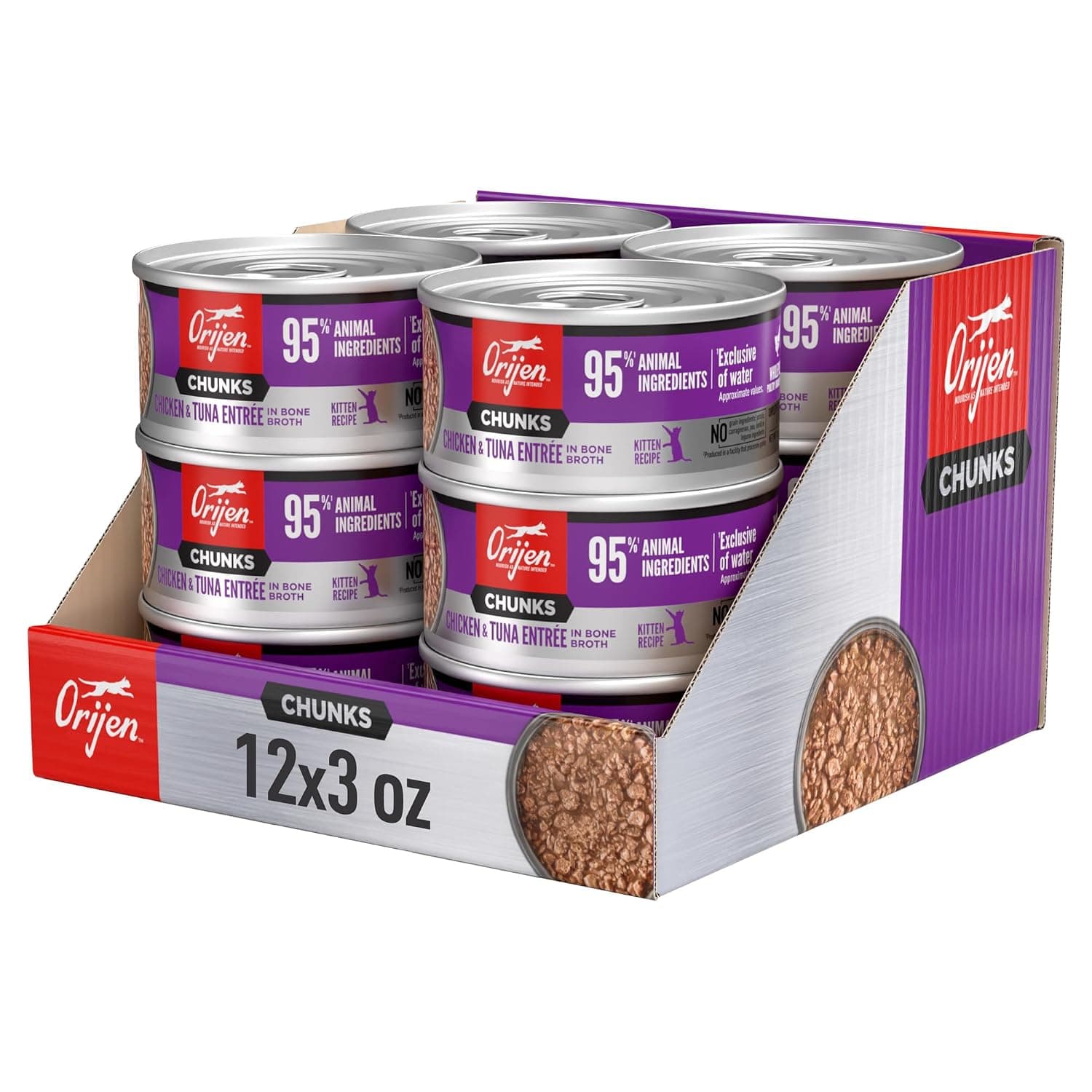 ORIJEN Chunks & Shreds Wet Cat Food Chicken and Tuna Kitten Entrée 3oz Cans (12 Count)