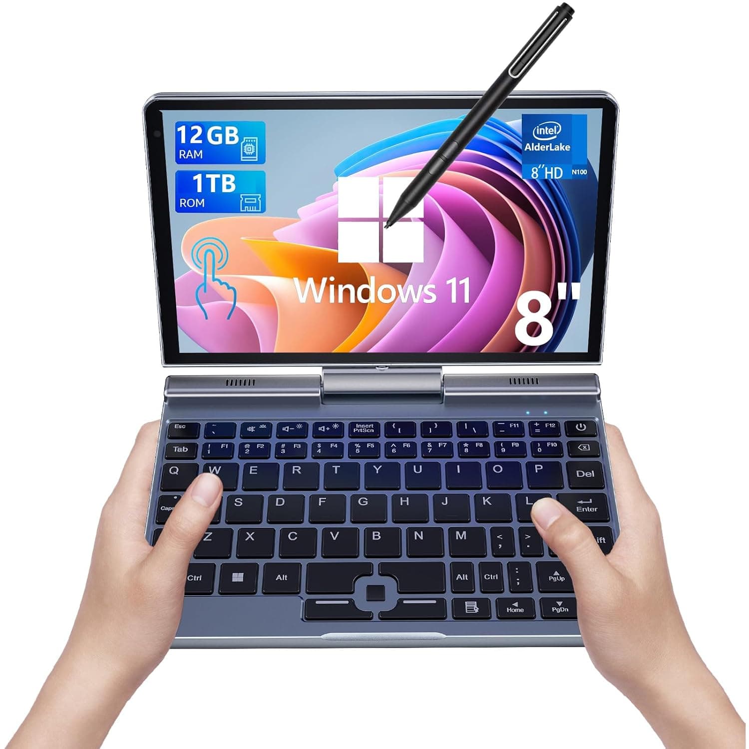 Mini Laptop,8 inch HD Touch Screen Mini Computer Win11 Pro,N100 4 Cores 2-in-1 Pocket PC 12GB LPDDR5 RAM 1TB M.2 SSD, Gigabit | Wi-Fi 6 | BT5.2 | 2MP Camera | G-Sensor | HDMI