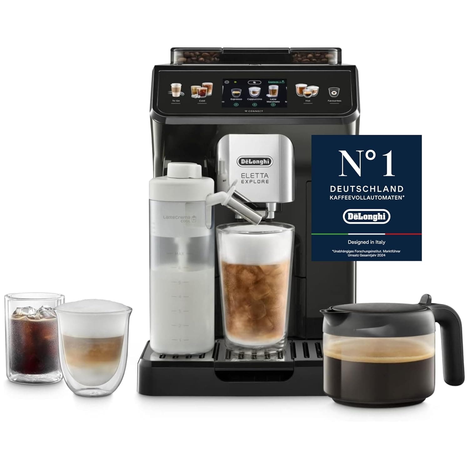 De'Longhi Eletta Explore Cold Brew ECAM452.67.G Fully Automatic Coffee Machine with LatteCrema Milk System, Hot & Cold Beverages at the Touch of a Button, 3.5" TFT Touch Screen, Colour Screen, incl.