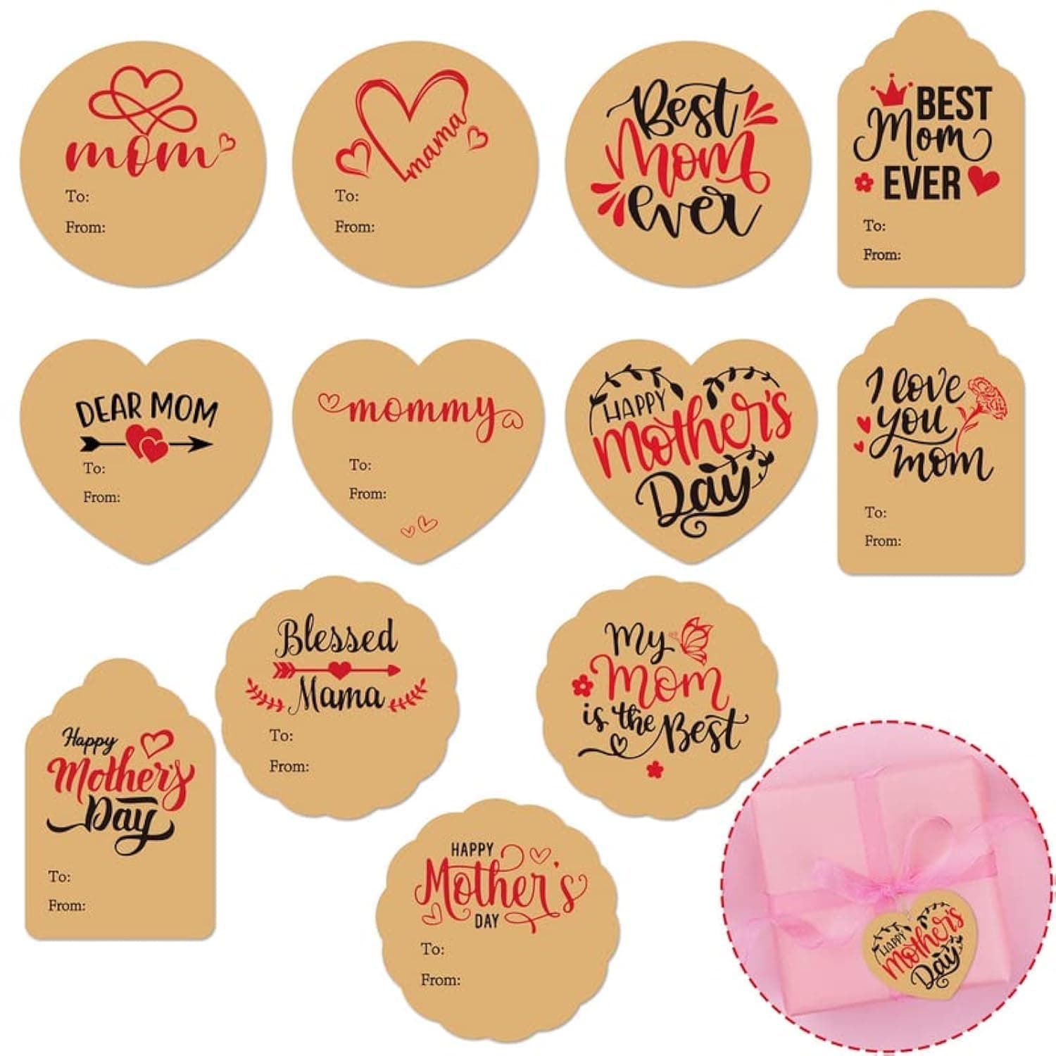 Haooryx Mother's Day Gift Tag Stickers, 240pcs Kraft Paper Labels for Envelope Seal Cards, Boxes, Gift Wrapping Supplies