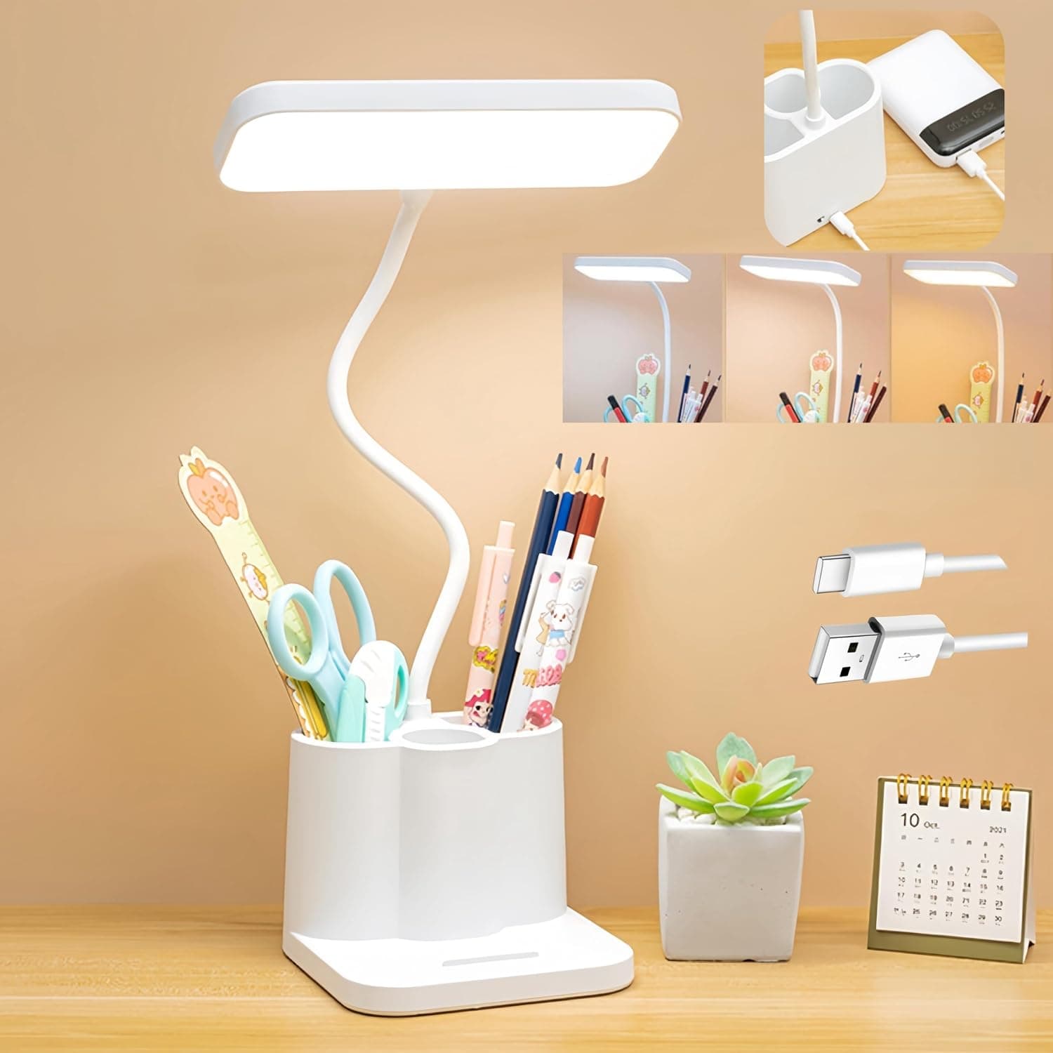 LED Desk Lamp,Desktop Reading Study Writing Lamp,Touch Control USB Port for Charging,3 Adjustable Colors,Bottom with Pen Holder and Cell Phone Holder,Study Lamp for Kids/Home/Office