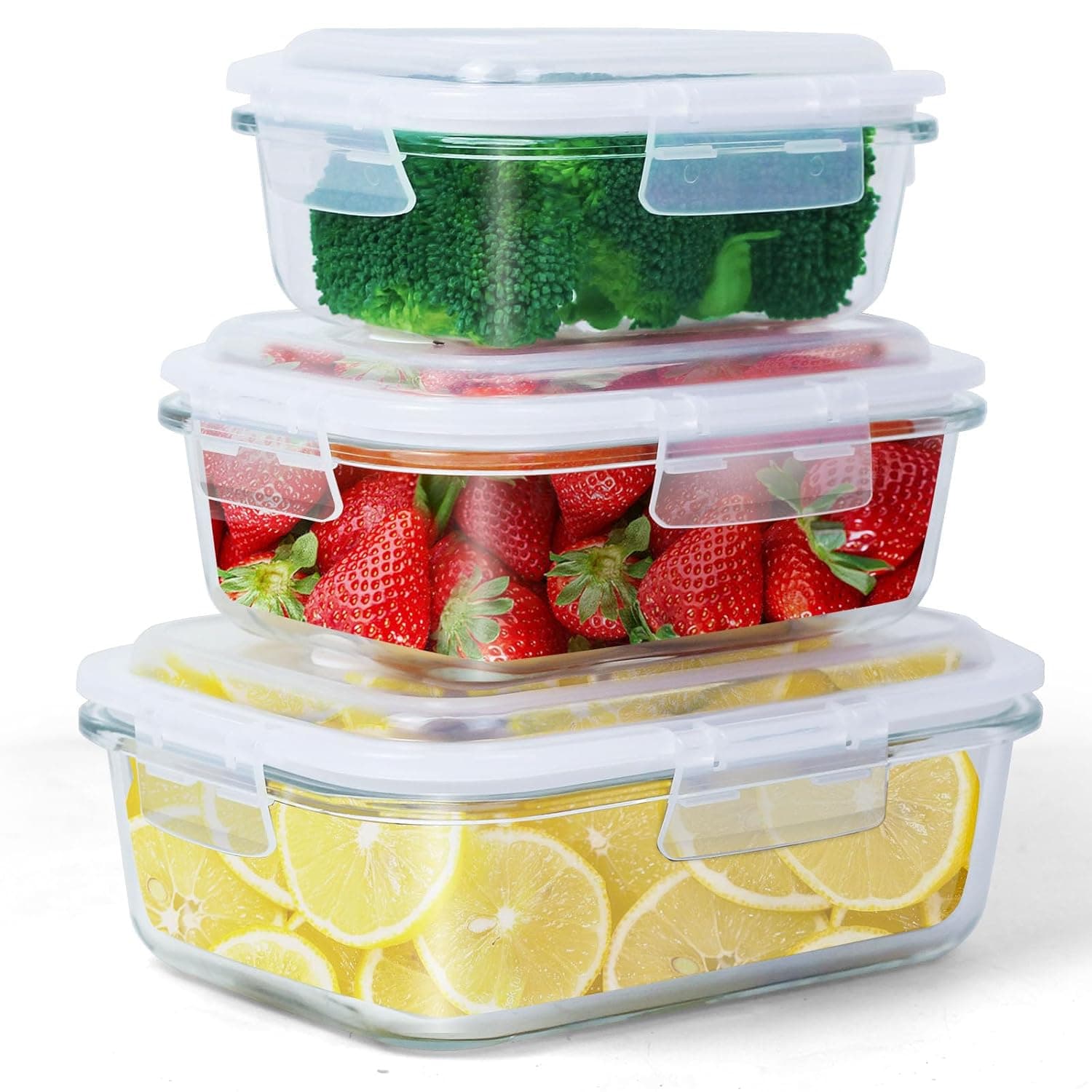 SKY-TOUCH 3PCS Glass Storage Containers : Airtight Bento Boxes Set with Leak Proof Locking Lids Microwave Safe Glass Crisper for Home Office Kitchen Camping Meal Prep Storage