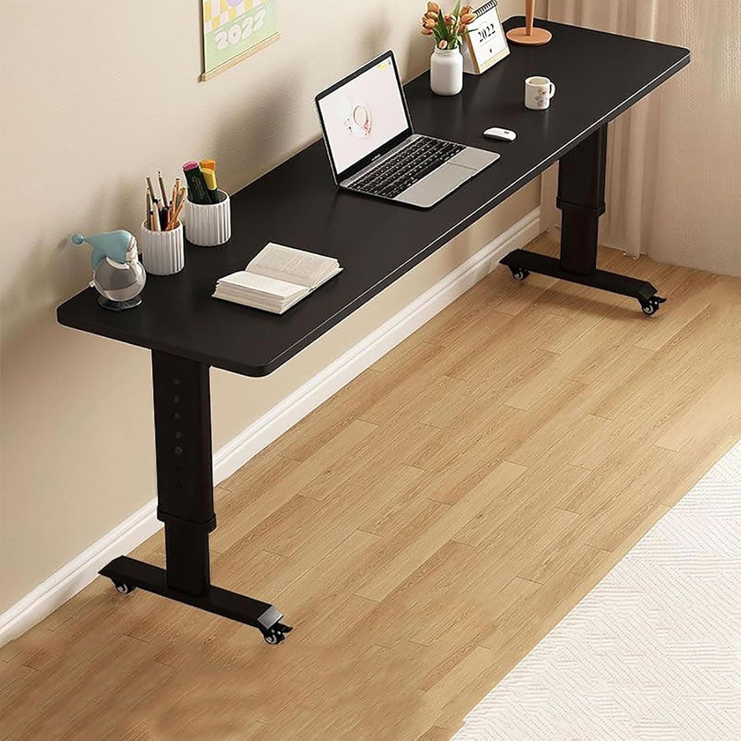 Overbed Table with Wheels, Adjustable Height Portable Queen Size Mobile Laptop Table& Dining Table, for Bedroom, Living Room, Office, Hospital Sturdy(Black,150 * 60cm)