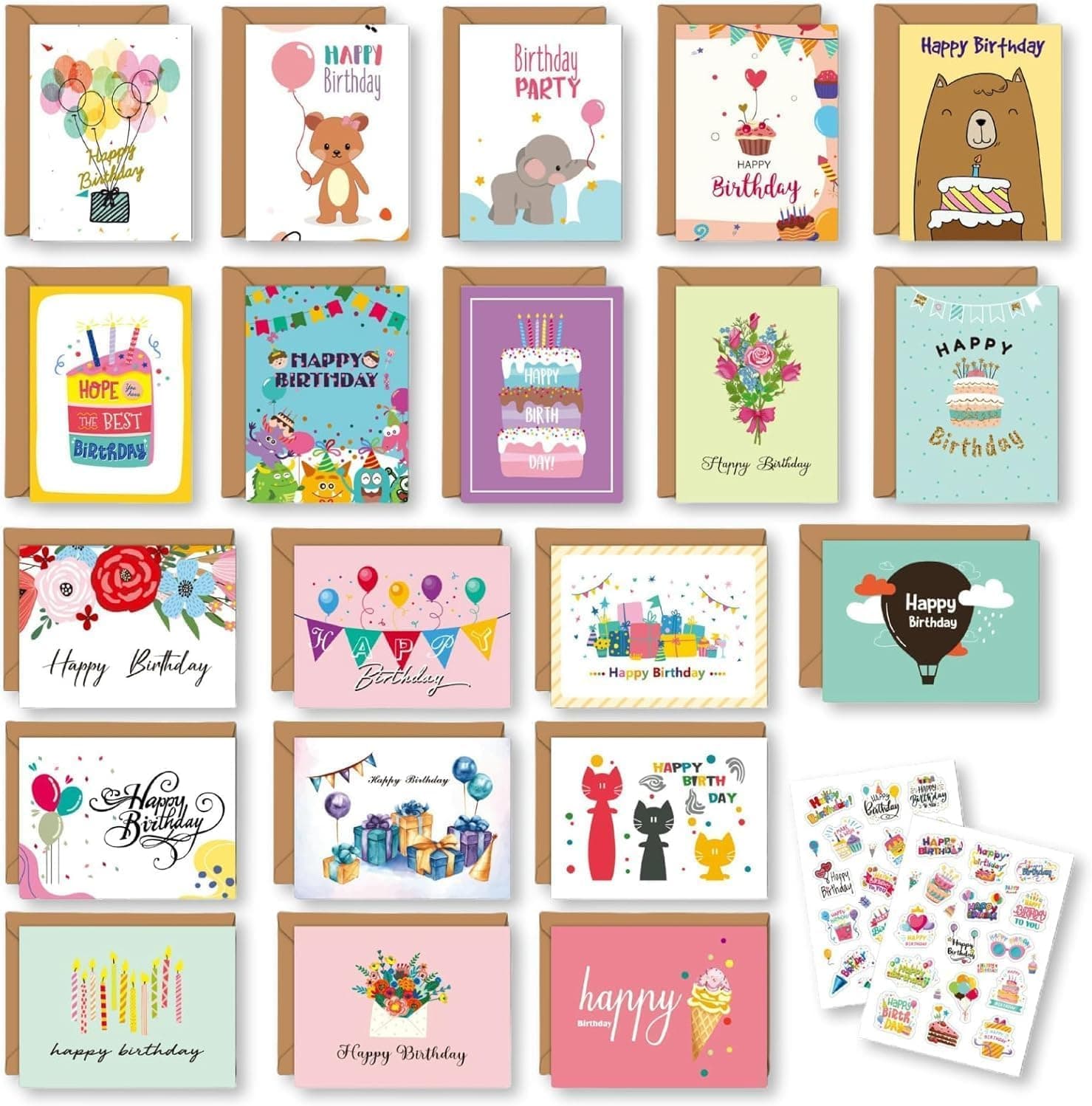Hepiide Happy Birthday Cards with Envelopes: Variety Set of 20 Assorted Mini Birthday Cards with Envelopes - Bulk Greeting Cards Assortment, for Family, Kids, Friends, Work & Office Celebrations