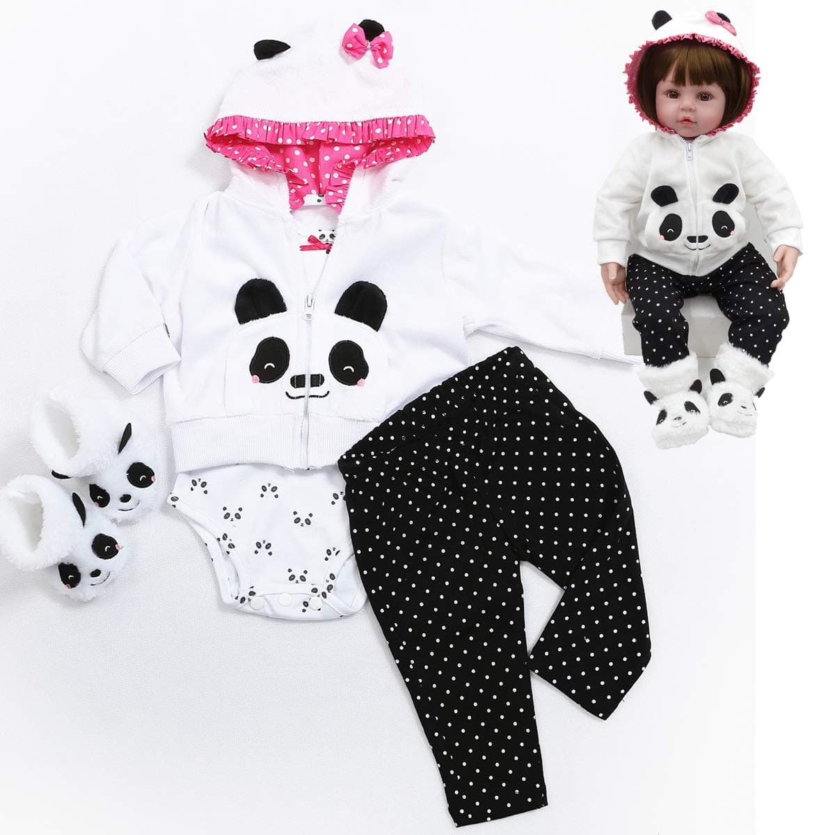 Reborn Baby Girl Dolls Clothes 18 inch Panda Set for 17-19 inch Reborn Doll | 4 Pcs Newborn Baby Doll Girl Clothes Accessories,Baby Doll Clothes Panda Outfit,Pretend Play Set,Gift Giving for Boys&Girls