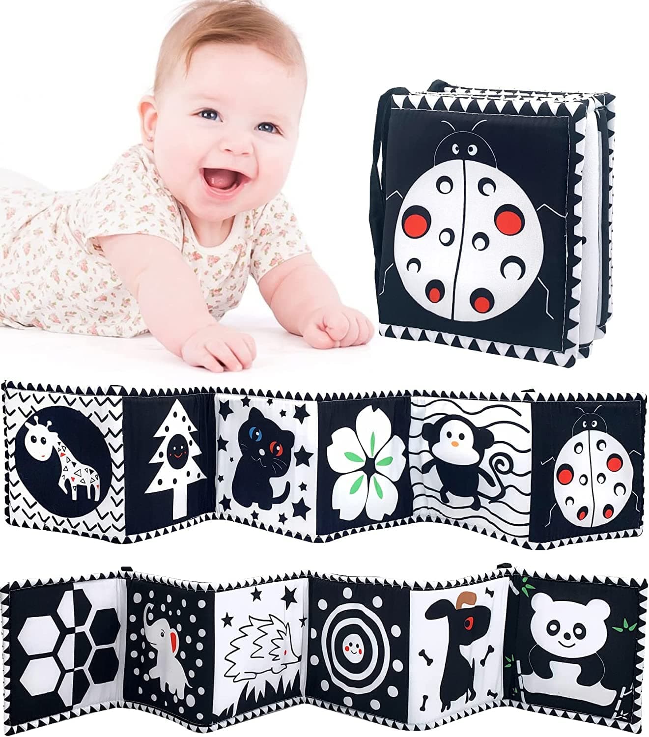 Black and White High Contrast Baby Cloth Book for Early Education, Baby Book Folding Educational Activity Cloth Book Toys for 0-3 Years Old Newborn Toys