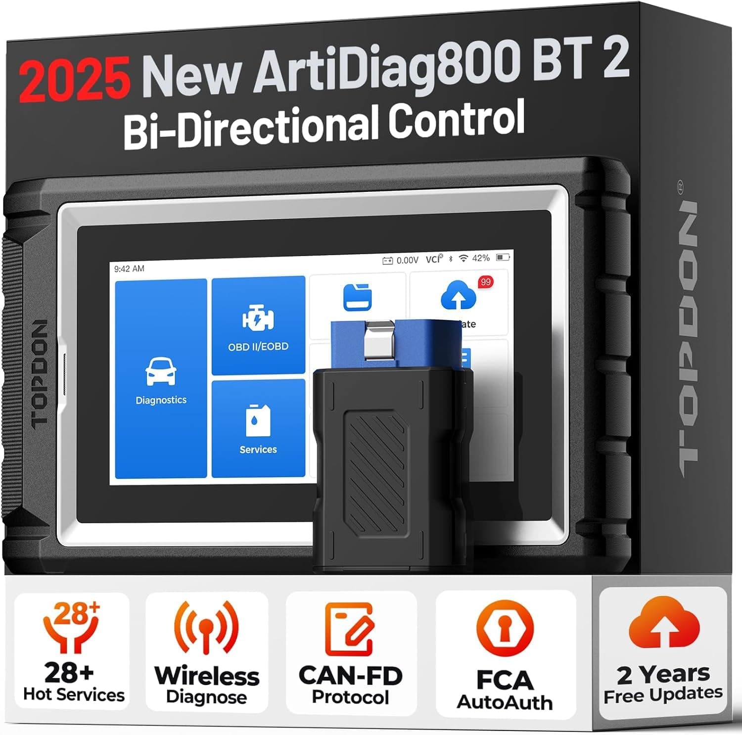 TOPDON AD800BT 2.0 Car Diagnostic Tool Bidirectional, All Systems Diagnosis | OBD2 Scanner with 28+ Reset Services, Oil Reset/EPB/SAS/TPMS/DPF, 2 Year Free Update, FCA AutoAuth, CANFD