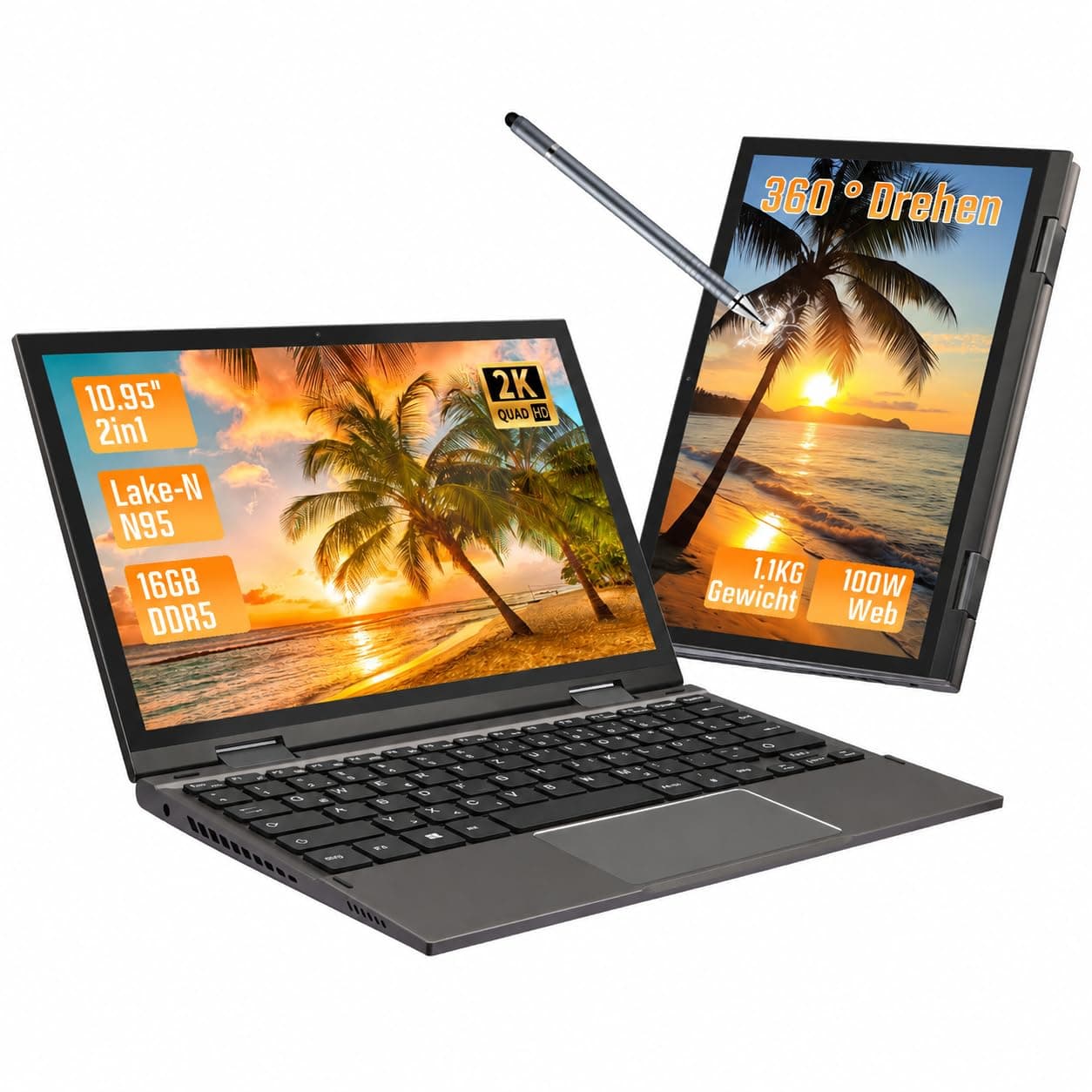 BINTEC 10.95" 2K Touchscreen Convertible Laptop, N95,12GB DDR5 512GB SSD, 2-in-1 Laptop with Fingerprint Reader, Backlit Keyboard, Stylus Pen Great for Work and Study(Gray)