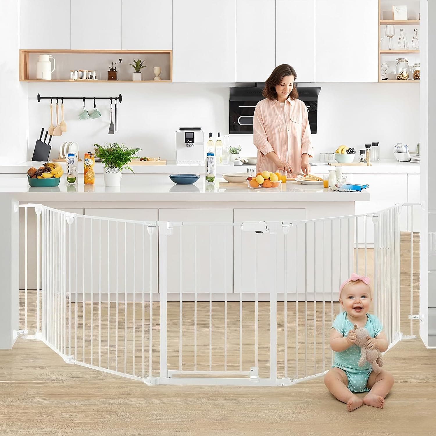 Extra Wide Baby Gate with Auto Close, 5-Panel Metal Safety Fence for Babies & Pets, No-Drill Walk Through Dog Gate for Stairs, Doorways & Fireplace, Indoor/Outdoor Play Yard
