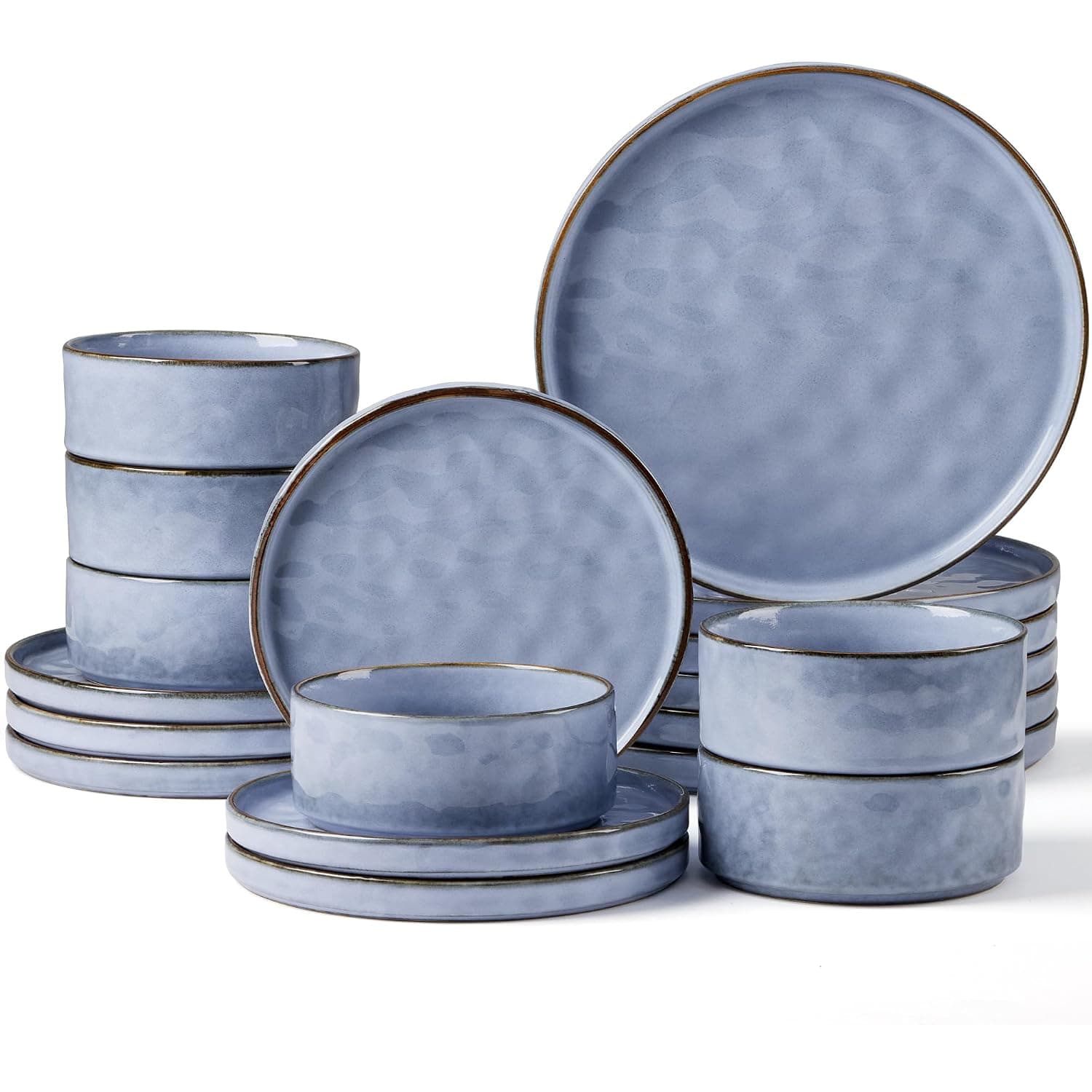 Herogo 18 Pcs Stoneware Dinnerware Dinner Set for 6 People, Grayish Blue | Reactive Glaze Plates and Bowls for Home Dining, Microwave and Dishwasher Safe, Chip and Scratch Resistant, Ripple Surface