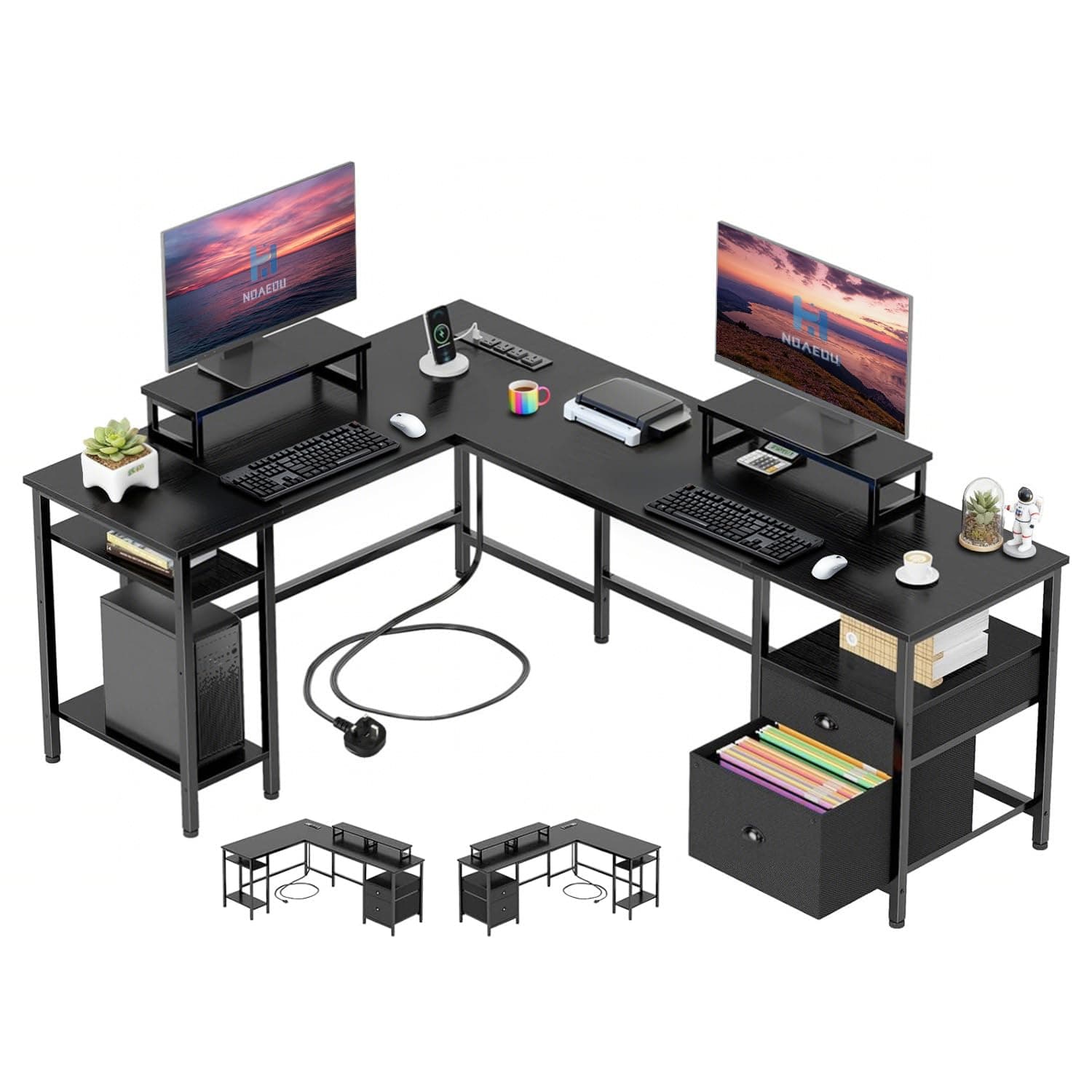 NOAEOU 66 Inch Reversible L Shaped Desk with UK Power Strip - Home Office Gaming Desk with File Drawer, 2 Monitor Stands & Storage Shelves