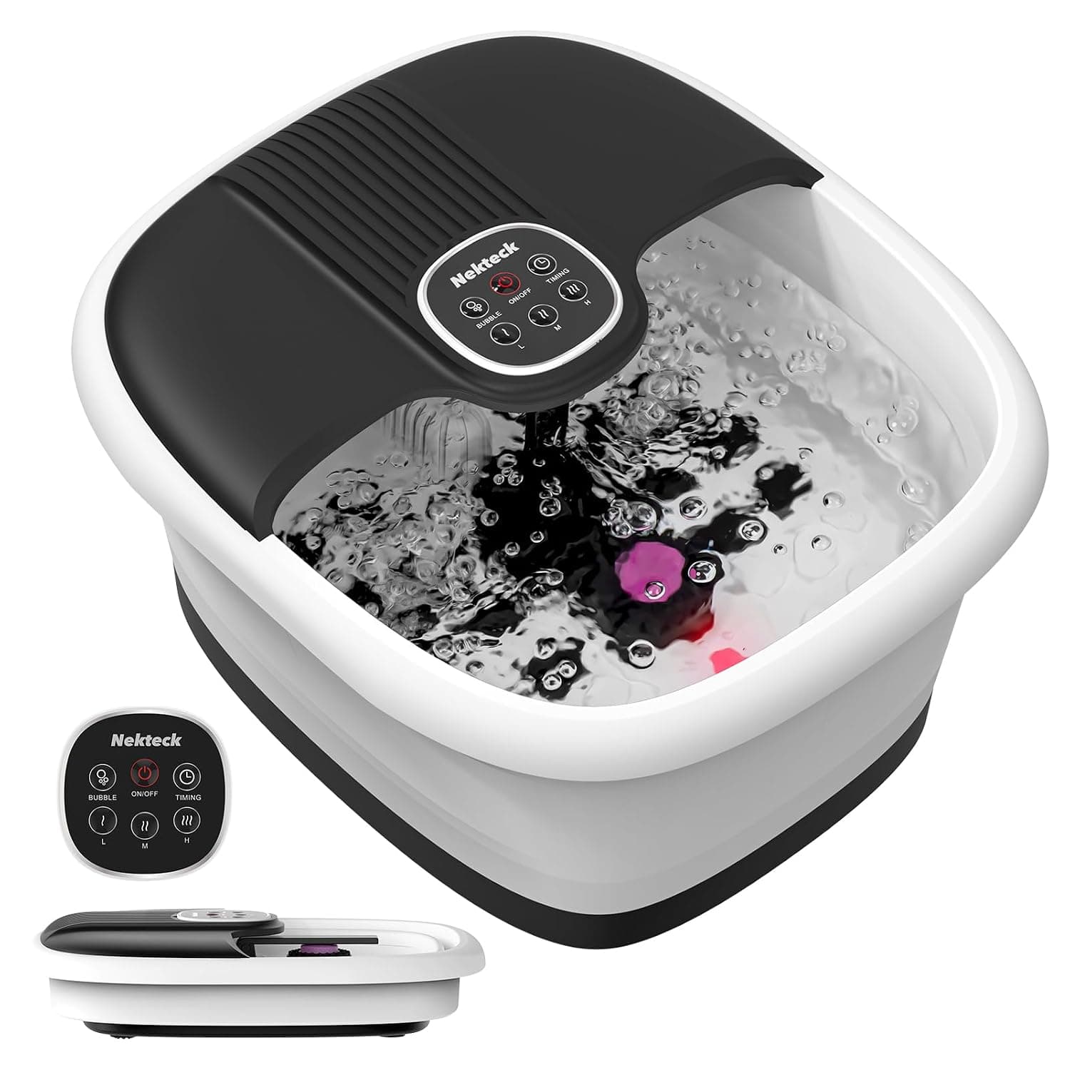 Nekteck Collapsible Foot Spa Bath Massager with Heat & Remote Control, Foot Bath Tub with Bubbles, 3‑Level Heating, 16 Massage Rollers & Pumice Stone, Electric Foot Soak Machine for Home Pedicure