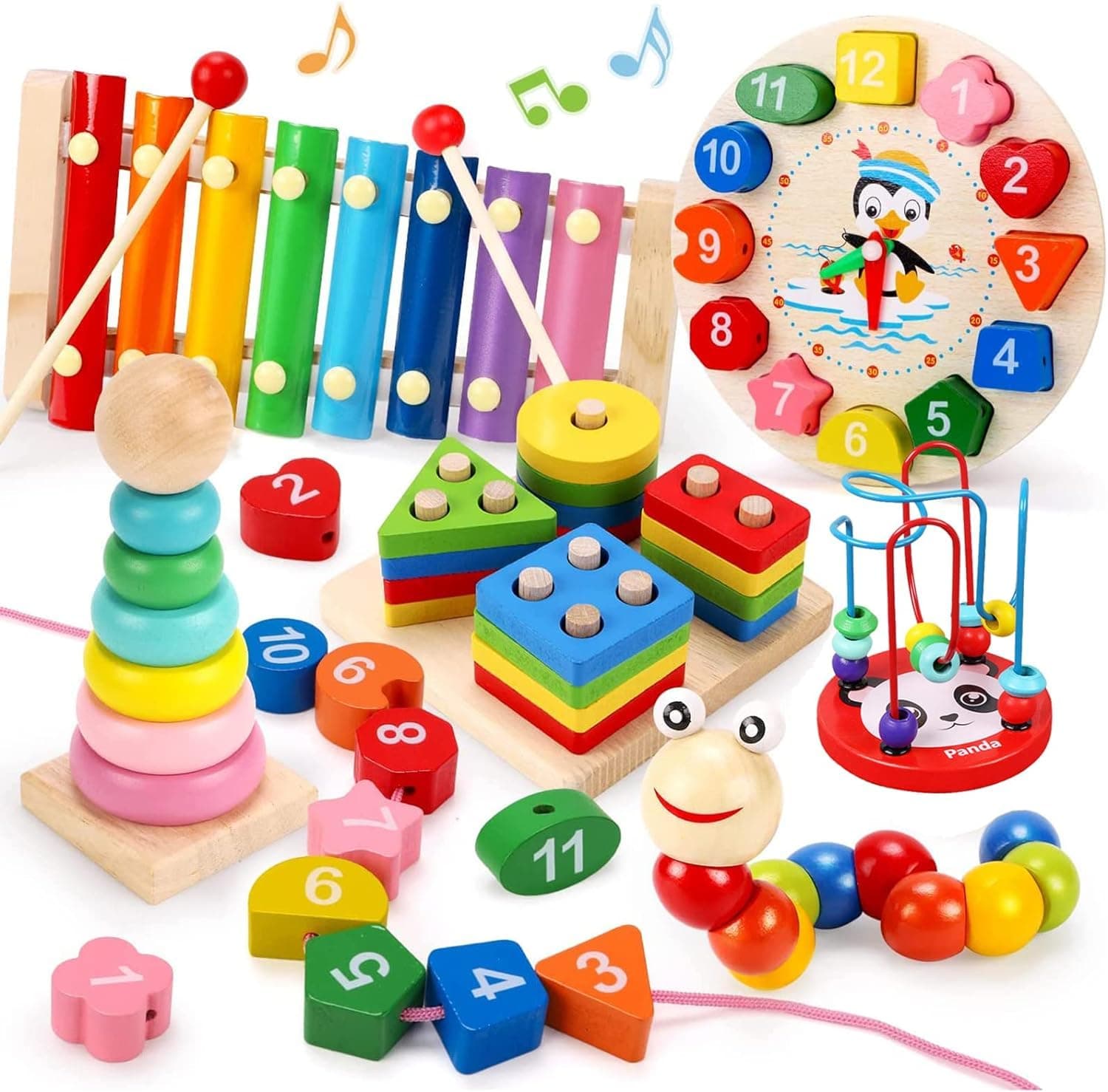 Soofam Montessori Toys for 3 Year Old Boys Girls, 6 In 1 Kids Wooden Toys, Baby Toys Shape Sorting And Stacking Learning Toys, Preschool Educational Learning Toy for Kids
