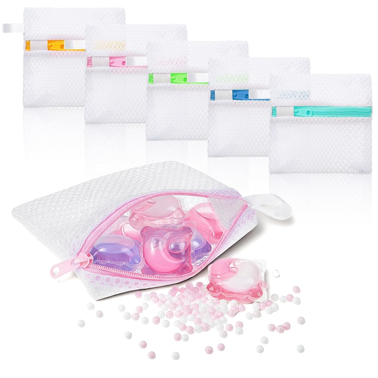 Laundry Pod Storage Bags, Mesh Dissolution Protection Bag, Anti Sticking Washer Pod Holder, Portable Zipper Laundry Pouch for Detergent Pods Scent Beads, Small Foldable Washing Bag, 5 PCS