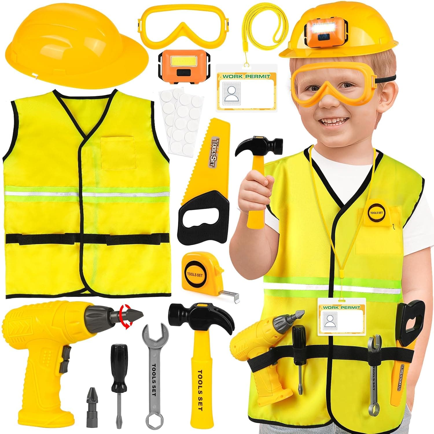 HUUIDY Construction Worker Costume with Electric Drill for Kids Ages 4-12