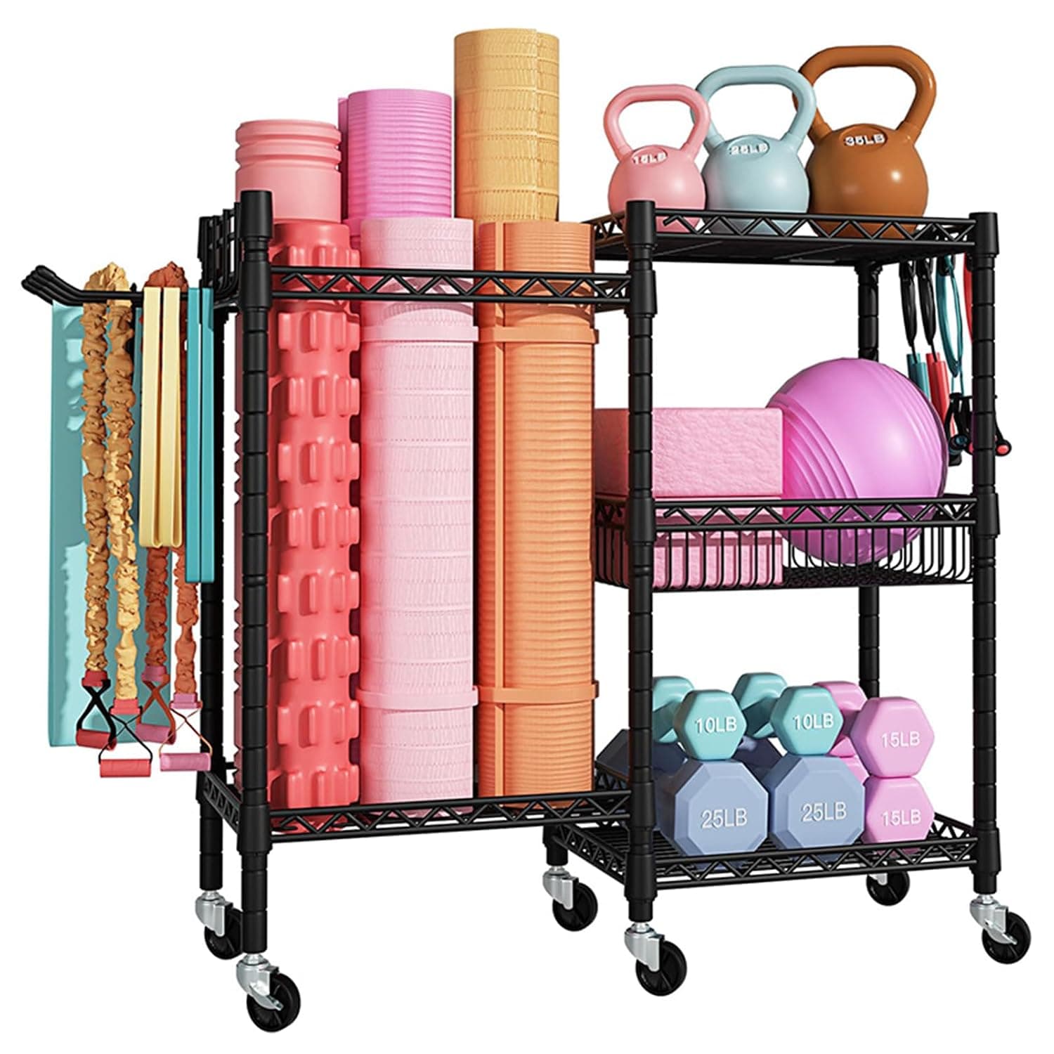Beauenty Home Gym Exercise Equipment Storage Rack, Large Capacity Dumbbell Racks, Yoga Mat Organizer with Hooks and Wheels for Kettlebells, Balls, Rackets, Yoga Supplies, Skateboarding
