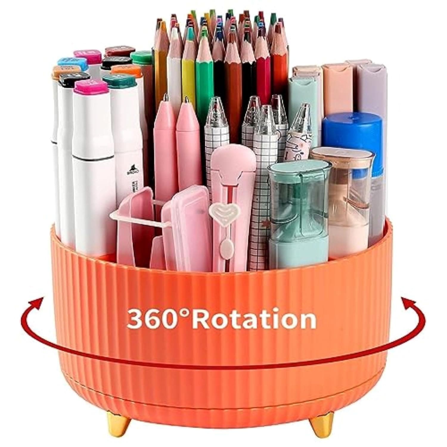 YelaJoy Rotating Pen Holder for Desk, 5 Slots Office Organizer, Round Pencil Cup, 360 Degree Rotating Stationery Caddy, Makeup Brush Storage for Home School Office Workspaces, Orange Color