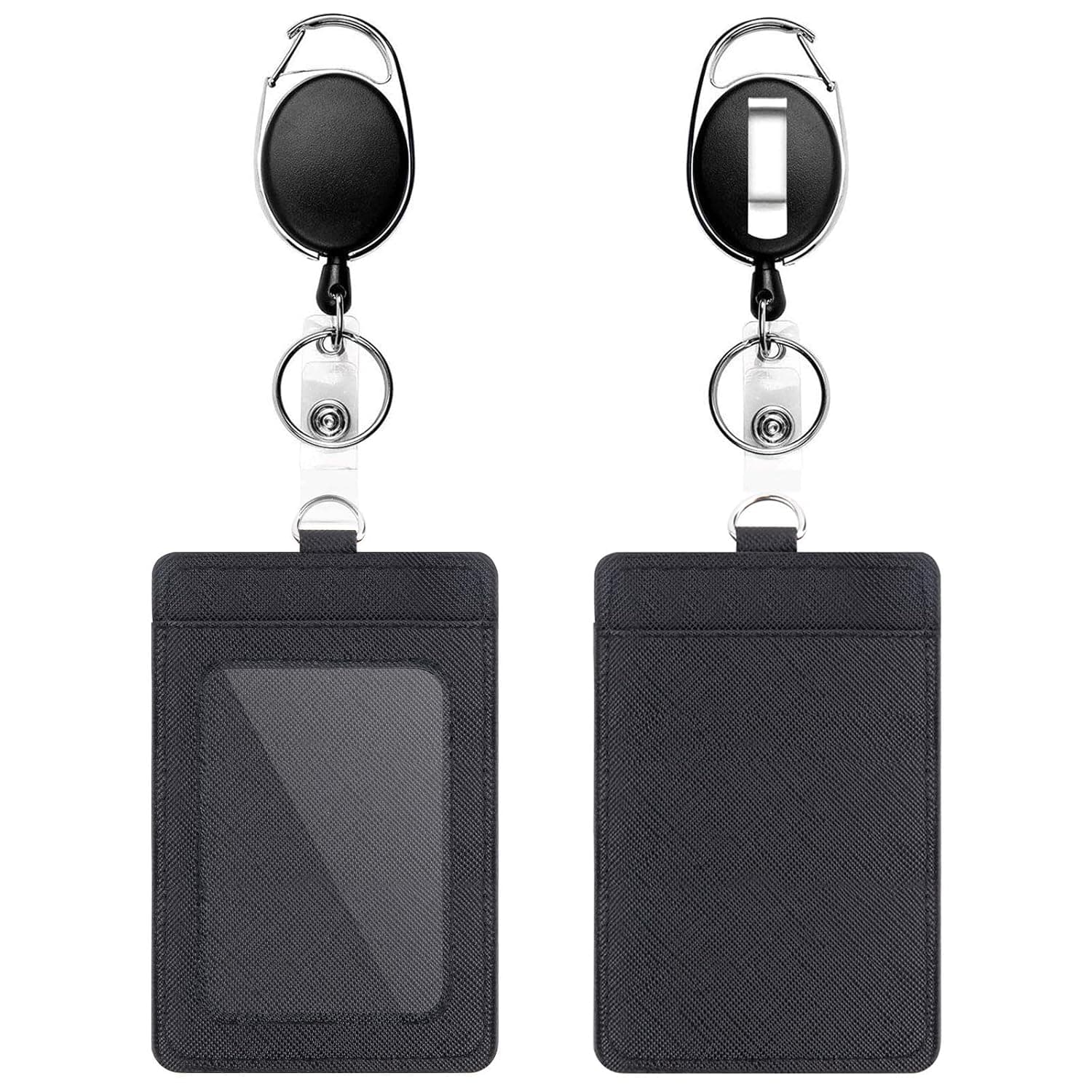 Badge Holders, 2 Pack Heavy Duty Retractable Reel Clips Set with Carabiner Reel Clip, Upgraded Retractable Badge Reel X 2 and Vertical Leather ID Card Holder X 2, Black