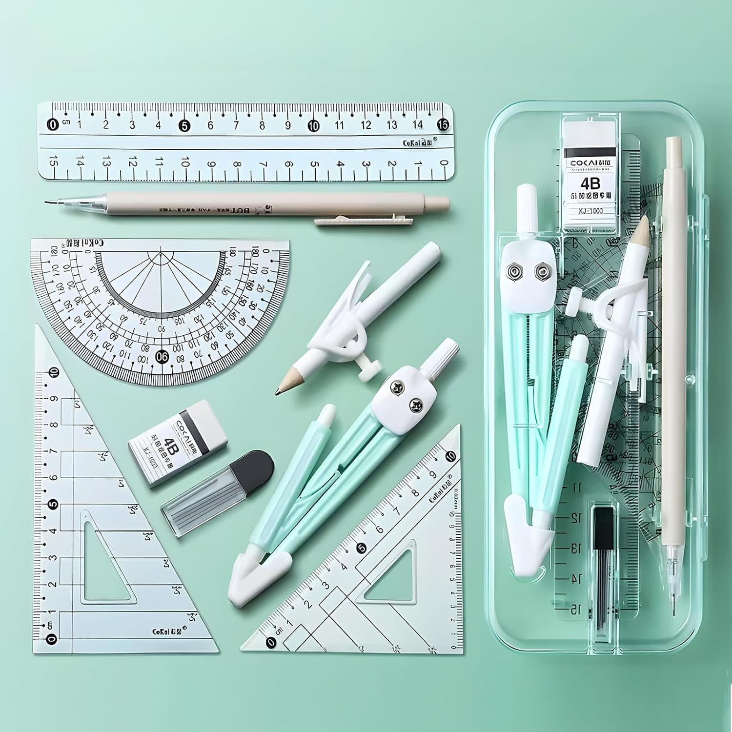Bukela 9-Piece Math Geometry Kit for Students - Complete Geometry Set for School with Compass, Protractor, Rulers, and Pencil in Case - Ideal for Drafting, Drawing, and Measuring (Blue)